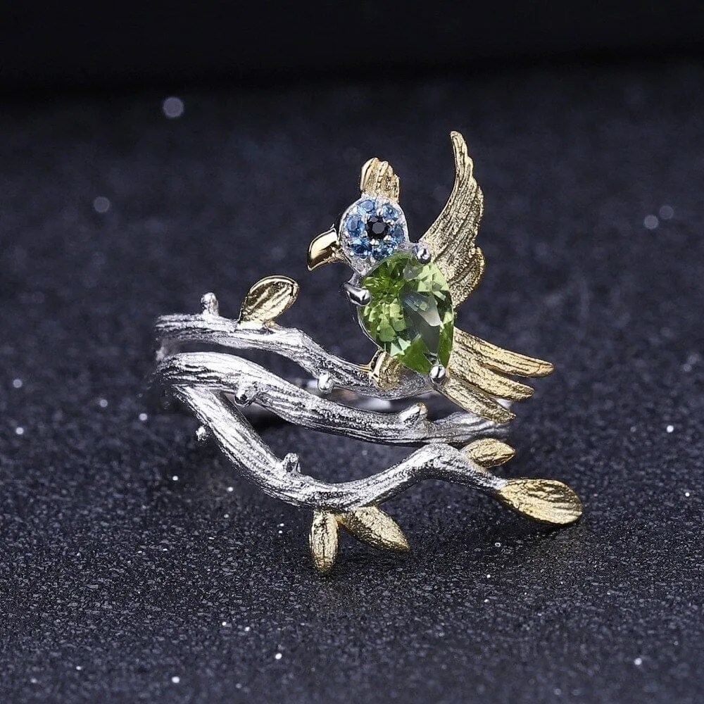 0.78Ct Peridot Gemstone Bird on Branch 925 Sterling Silver Ring