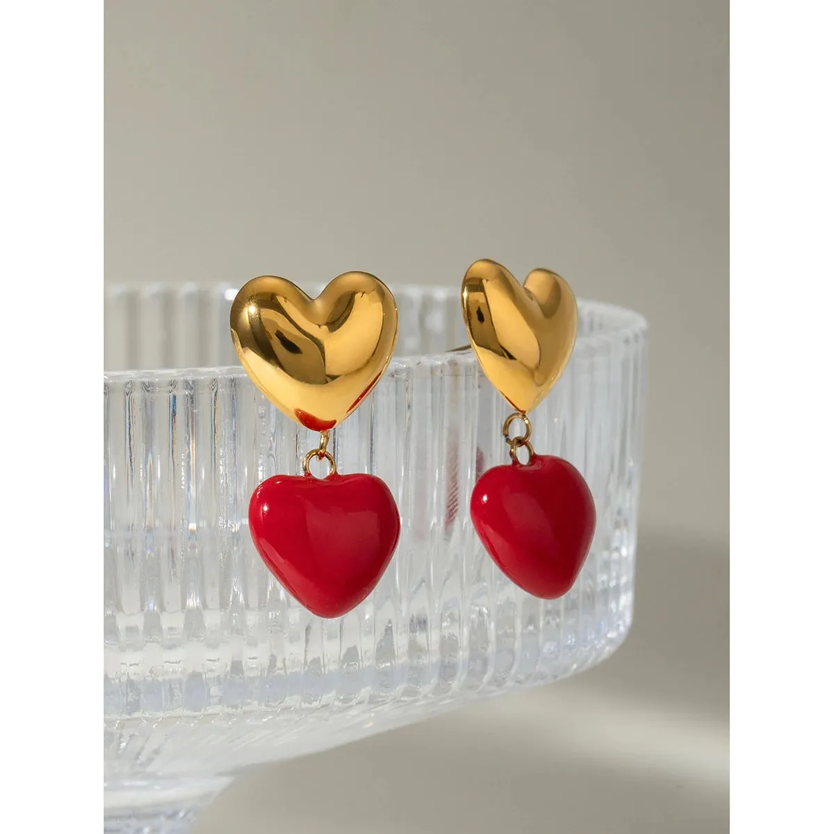 18K Gold Plated Red Heart Pendant Earrings for Women