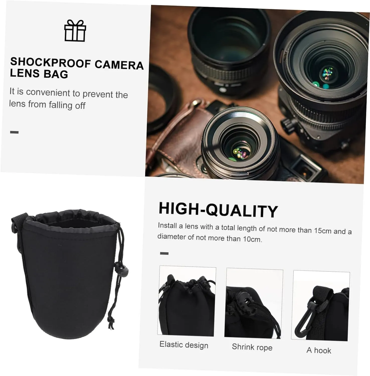 2 Pcs Small Camera Lens Pouch Neoprene Protective Case Drawstring for Dslr Shockproof Waterproof