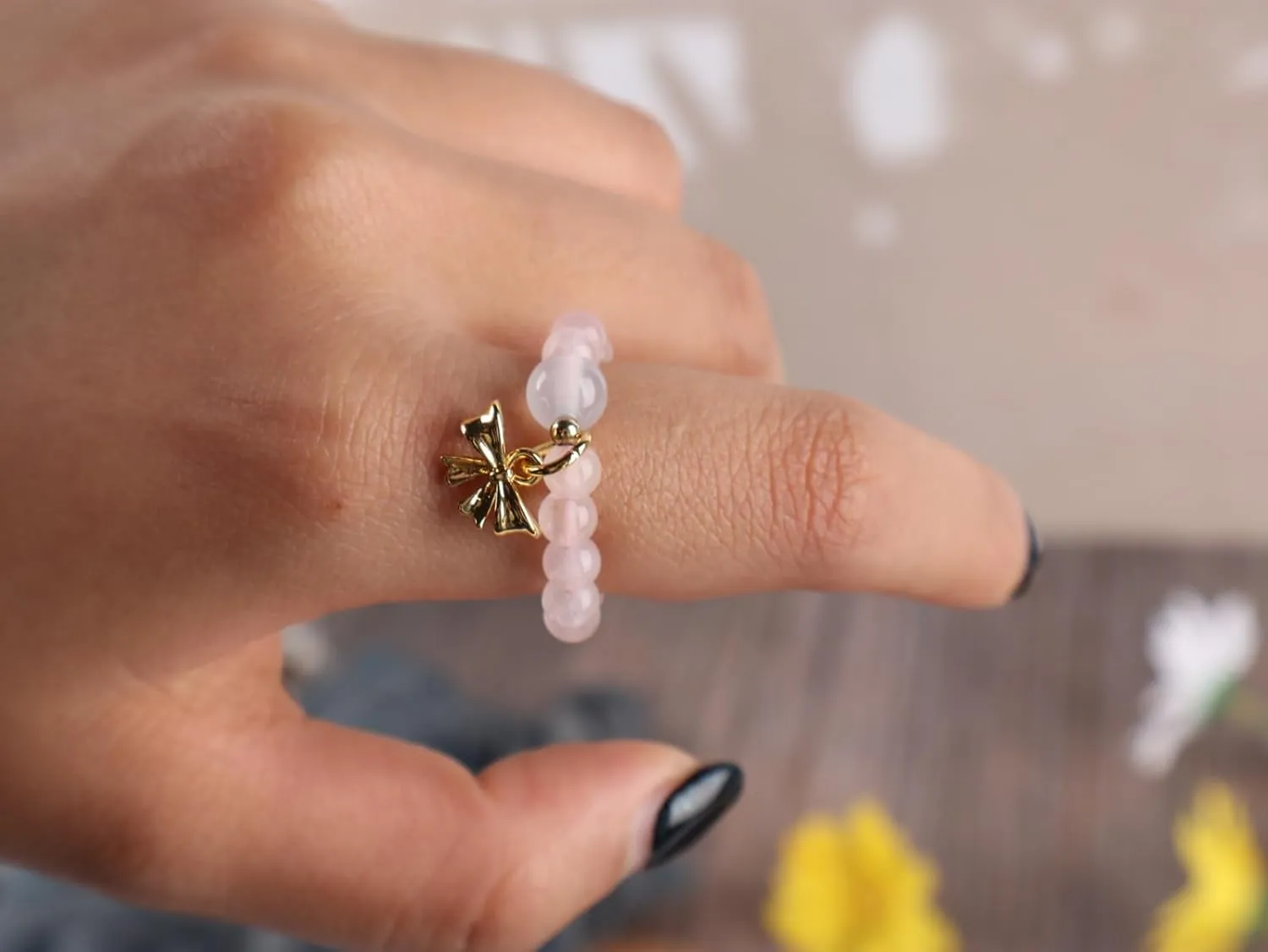 2Pcs Natural Pink Crystal Beads Ring,4mm Beads Elastic Rings