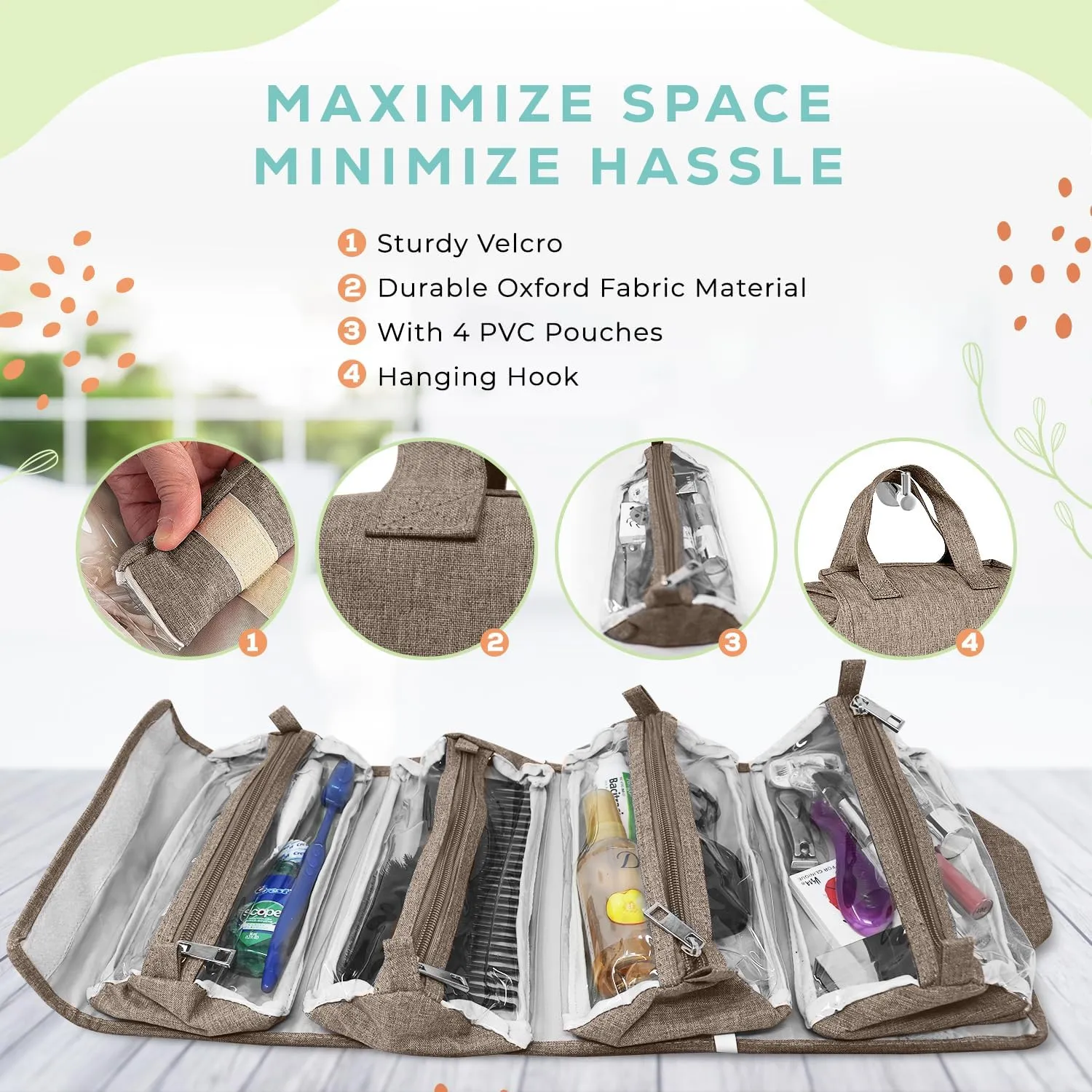 4-in-1 Hanging Toiletry bag - Roll-Up Makeup Bag - 4 Detachable PVC Zip Pouches  600D Oxford Fabric, Versatile Travel Toiletry Organizer Bag - Makeup, Cosmetics, First Aid, Medicine Personal Care,