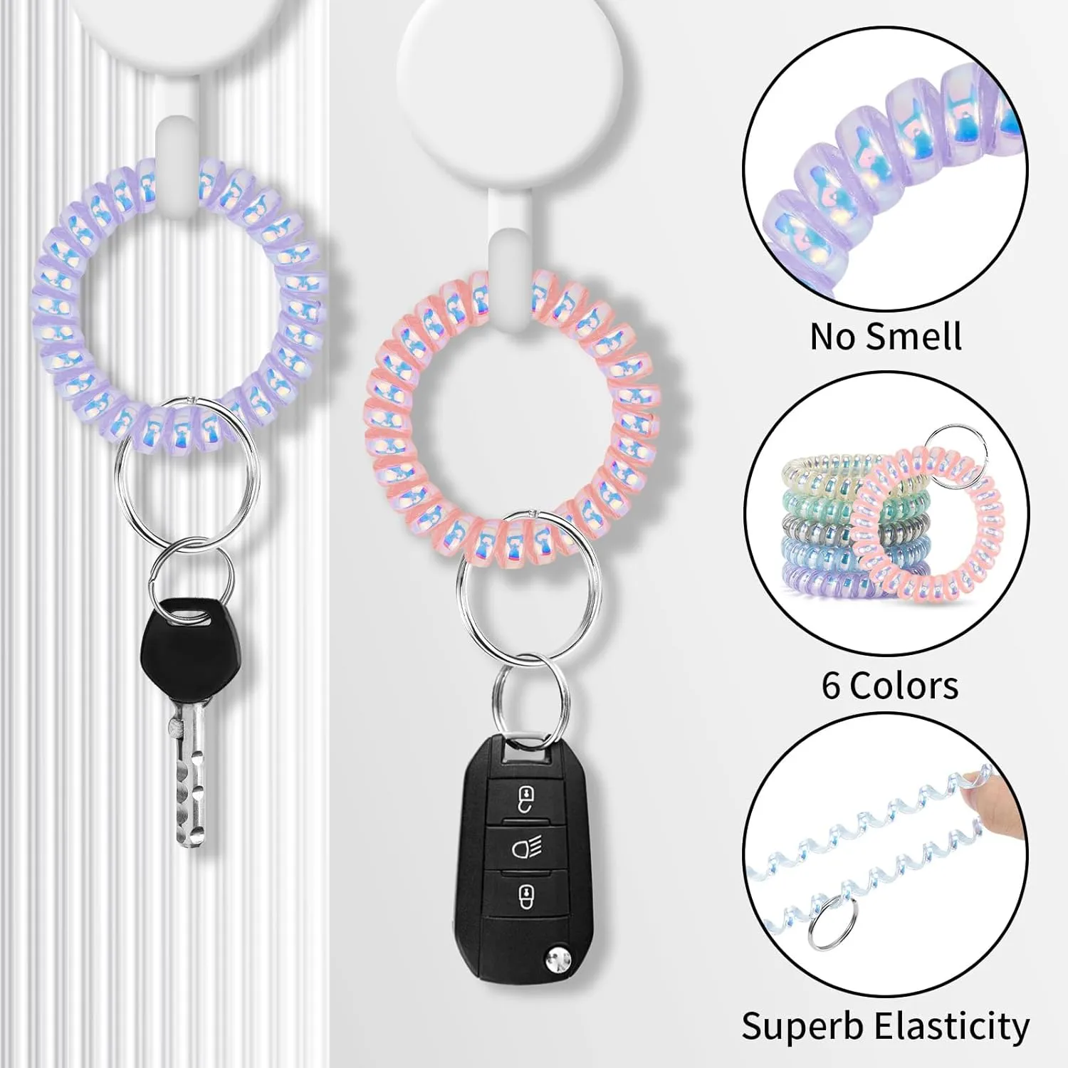 6PCS Wristlet Keychain, Colorful Spiral Coil Hair Tie for Women, Sauna Accessaries Wrist Coil Key Ring Key Holder