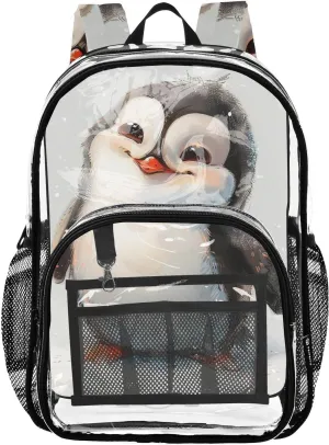 A Cheerful Penguin Clear Plastic Backpack - Transparent PVC Heavy Duty Bag with Large Main Pocket and Mesh Pockets - Ideal for School, Travel, Outings - Clear Backpack for Everyday Use