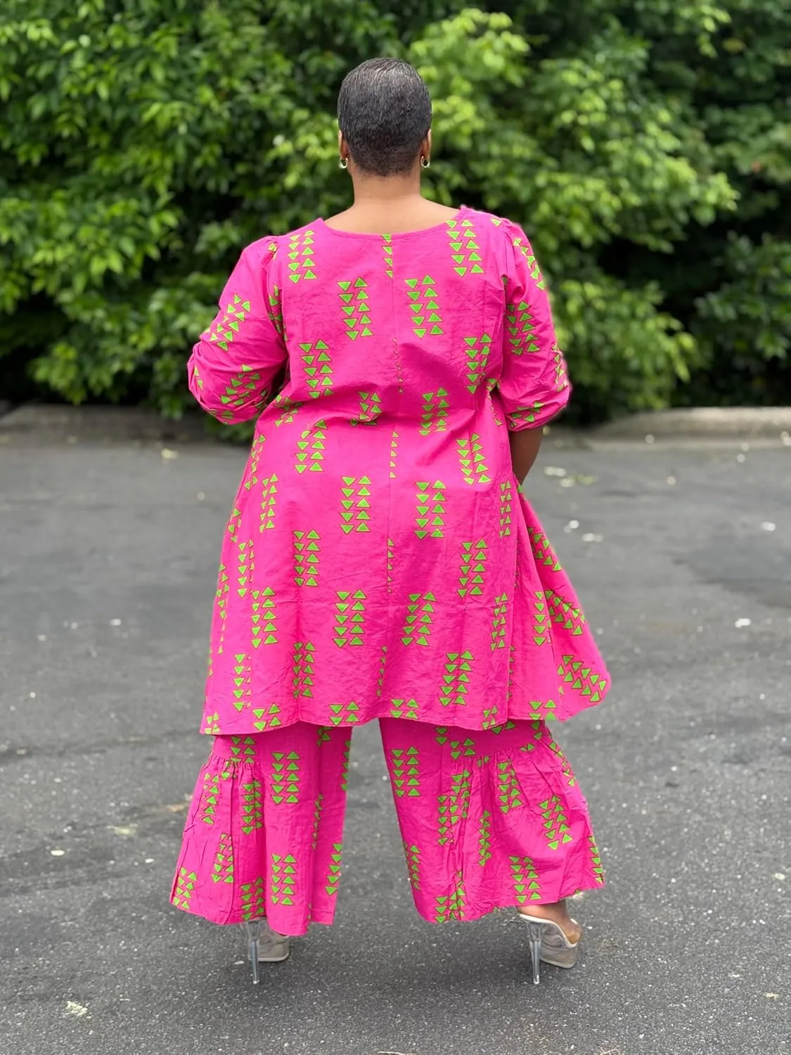 African Print Two-Piece Set, Hot Pink with Green Pattern, Puff Sleeve Top and Wide Leg Pants