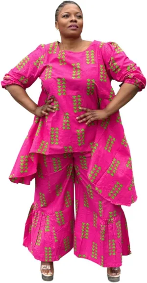 African Print Two-Piece Set, Hot Pink with Green Pattern, Puff Sleeve Top and Wide Leg Pants