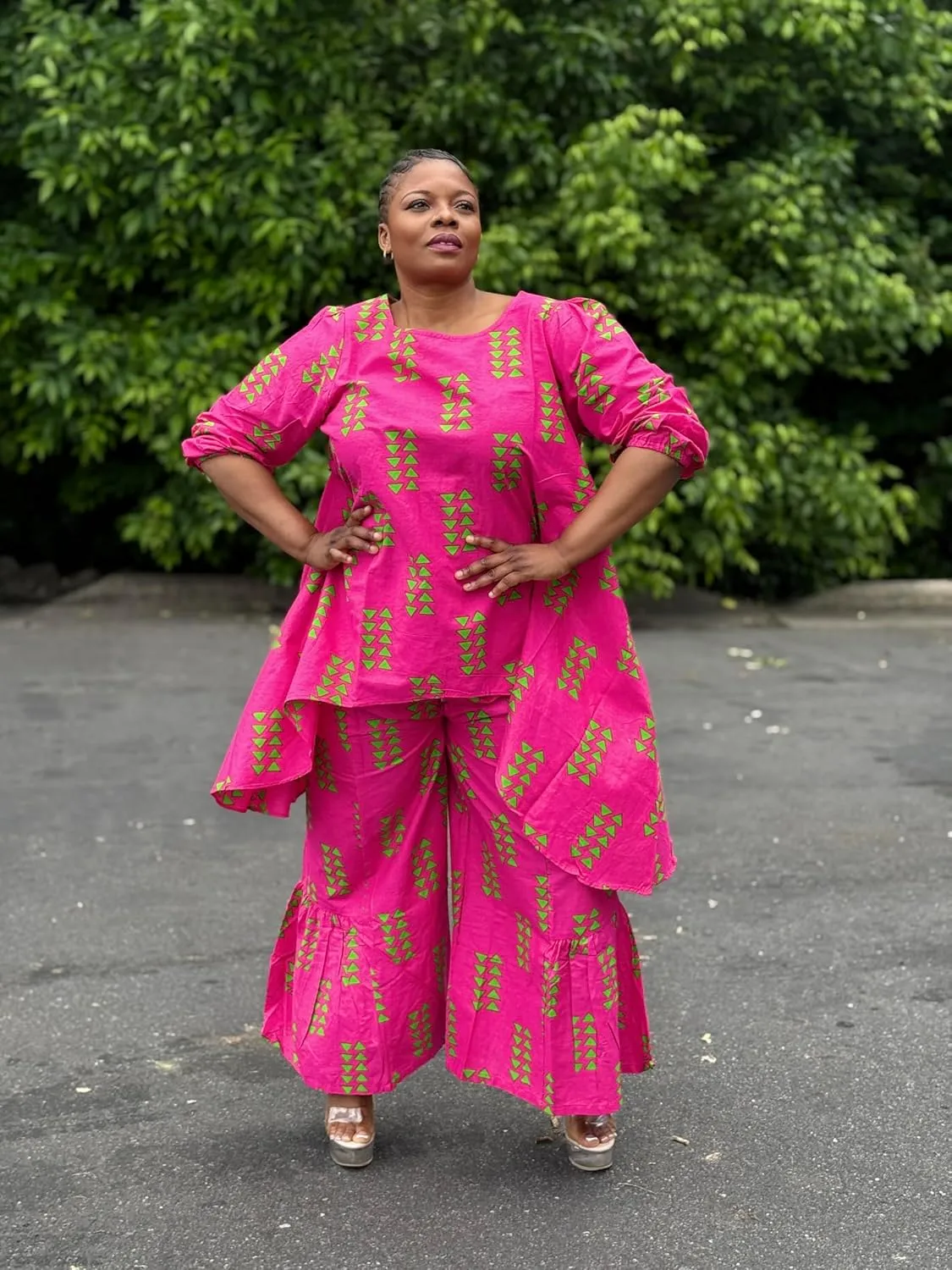 African Print Two-Piece Set, Hot Pink with Green Pattern, Puff Sleeve Top and Wide Leg Pants