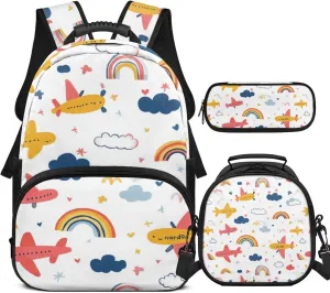 Airplane Backpack for Boys Cool Lightweight Kids Bookbag with Lunch Box Boys 3 in 1 Versatile Lunch Tote Bag for Elementary School Minimalist Print Pencil Case