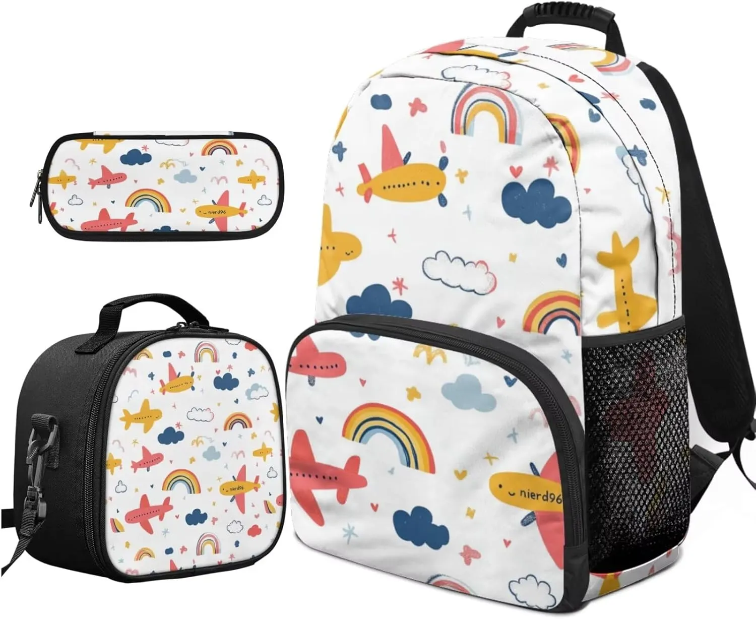 Airplane Backpack for Boys Cool Lightweight Kids Bookbag with Lunch Box Boys 3 in 1 Versatile Lunch Tote Bag for Elementary School Minimalist Print Pencil Case