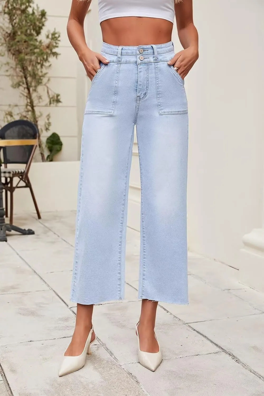 Allimy Womens High Rise Two Button Closure Cropped Jeans Wide Leg Front Slip Pockets Frayed Hem Denim Pant