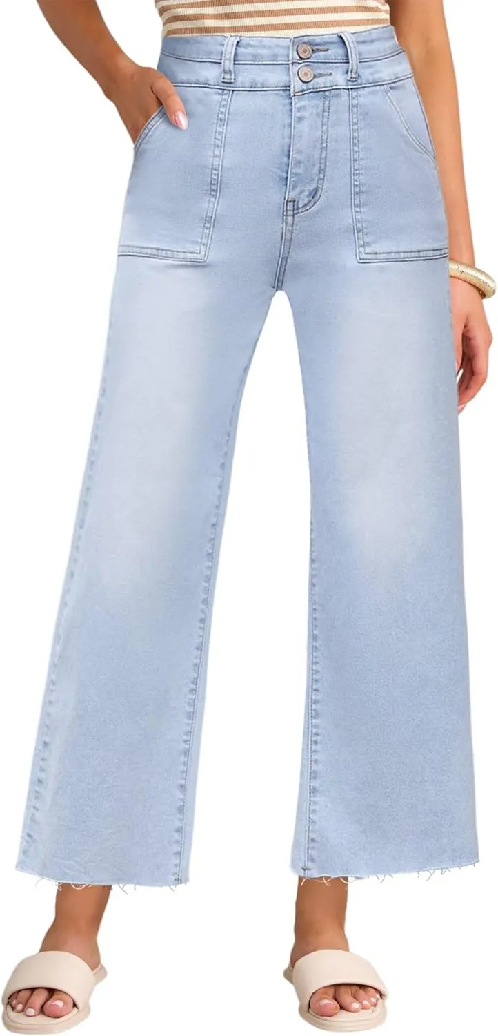 Allimy Womens High Rise Two Button Closure Cropped Jeans Wide Leg Front Slip Pockets Frayed Hem Denim Pant