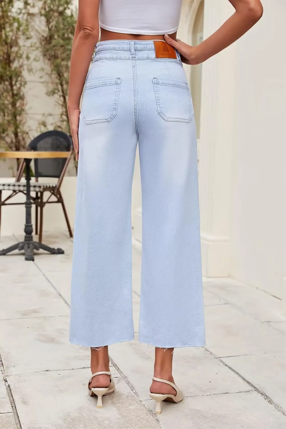 Allimy Womens High Rise Two Button Closure Cropped Jeans Wide Leg Front Slip Pockets Frayed Hem Denim Pant