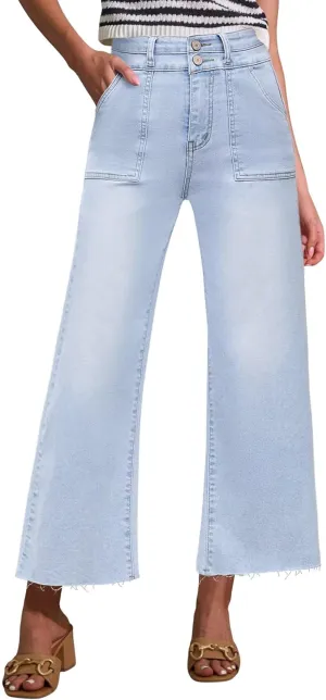 Allimy Womens High Rise Two Button Closure Cropped Jeans Wide Leg Front Slip Pockets Frayed Hem Denim Pant