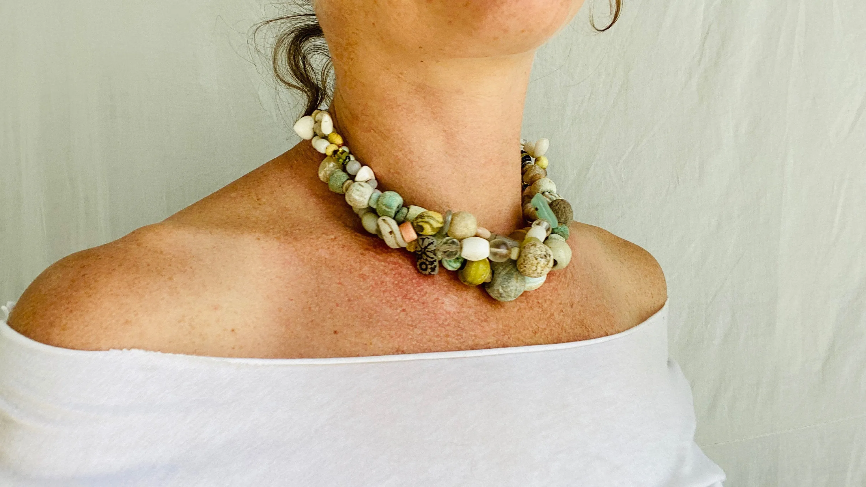 Ancient Stone, Glass and Shell Multi-Strand Necklace.