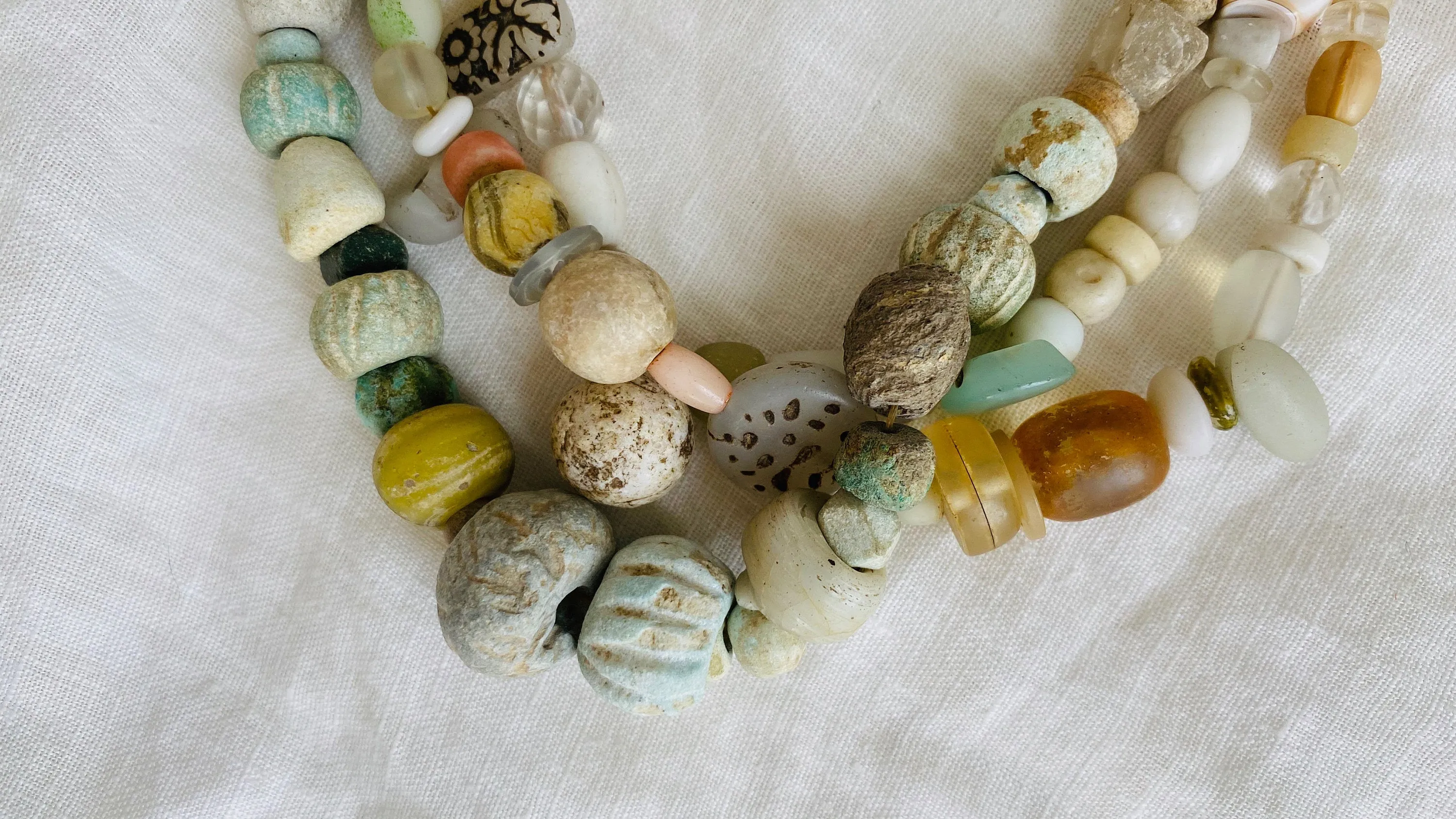 Ancient Stone, Glass and Shell Multi-Strand Necklace.