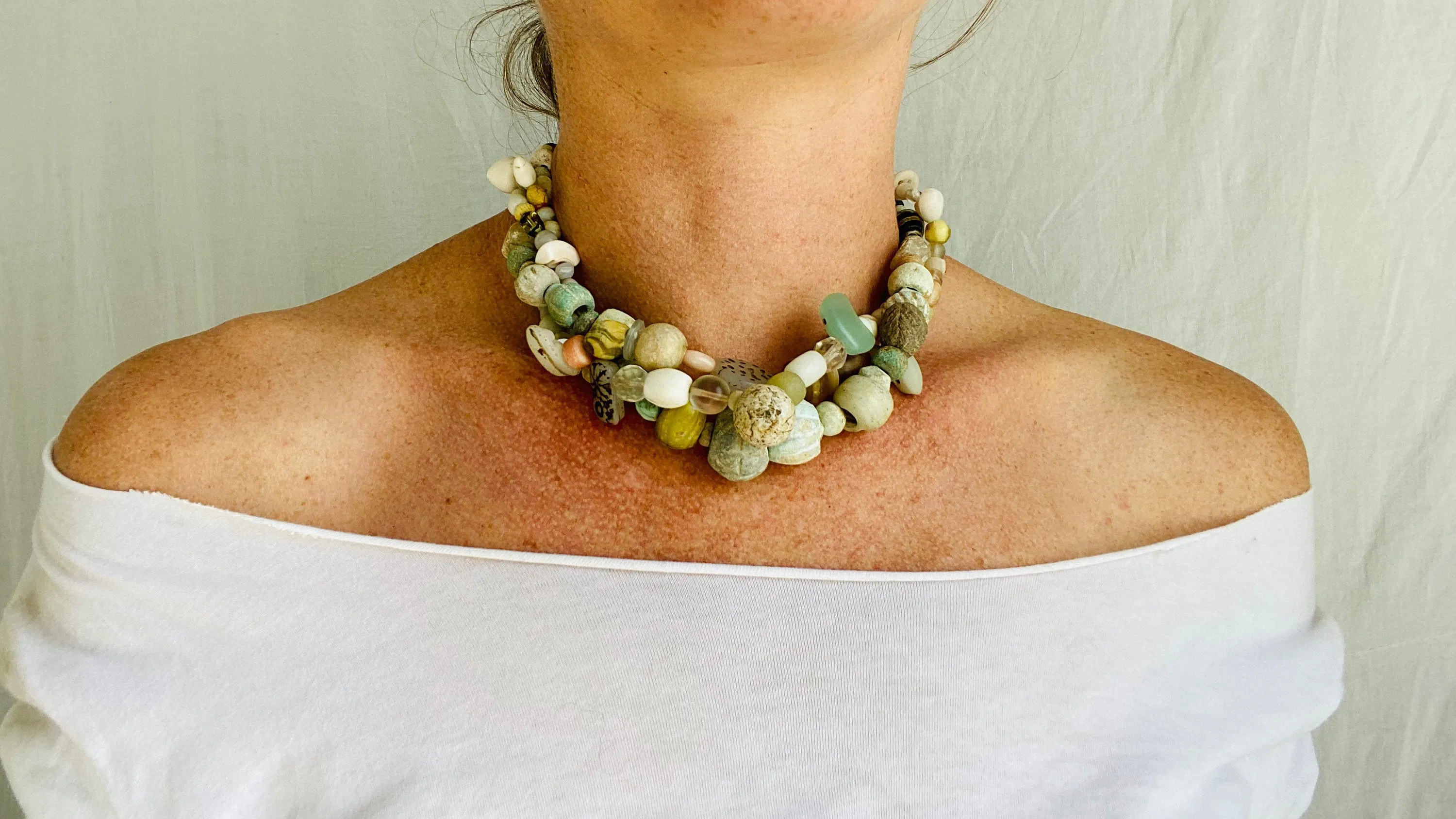 Ancient Stone, Glass and Shell Multi-Strand Necklace.