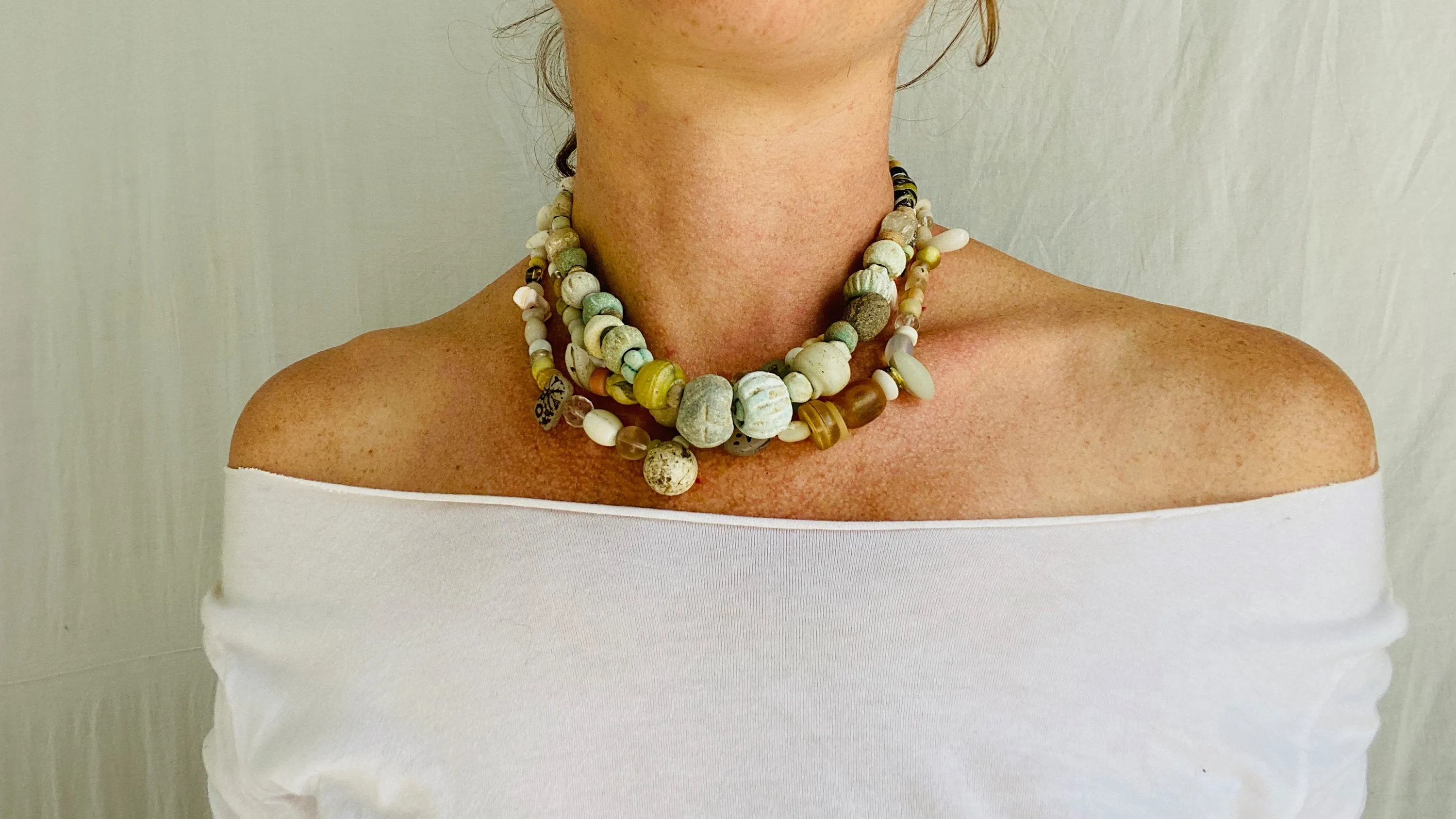 Ancient Stone, Glass and Shell Multi-Strand Necklace.