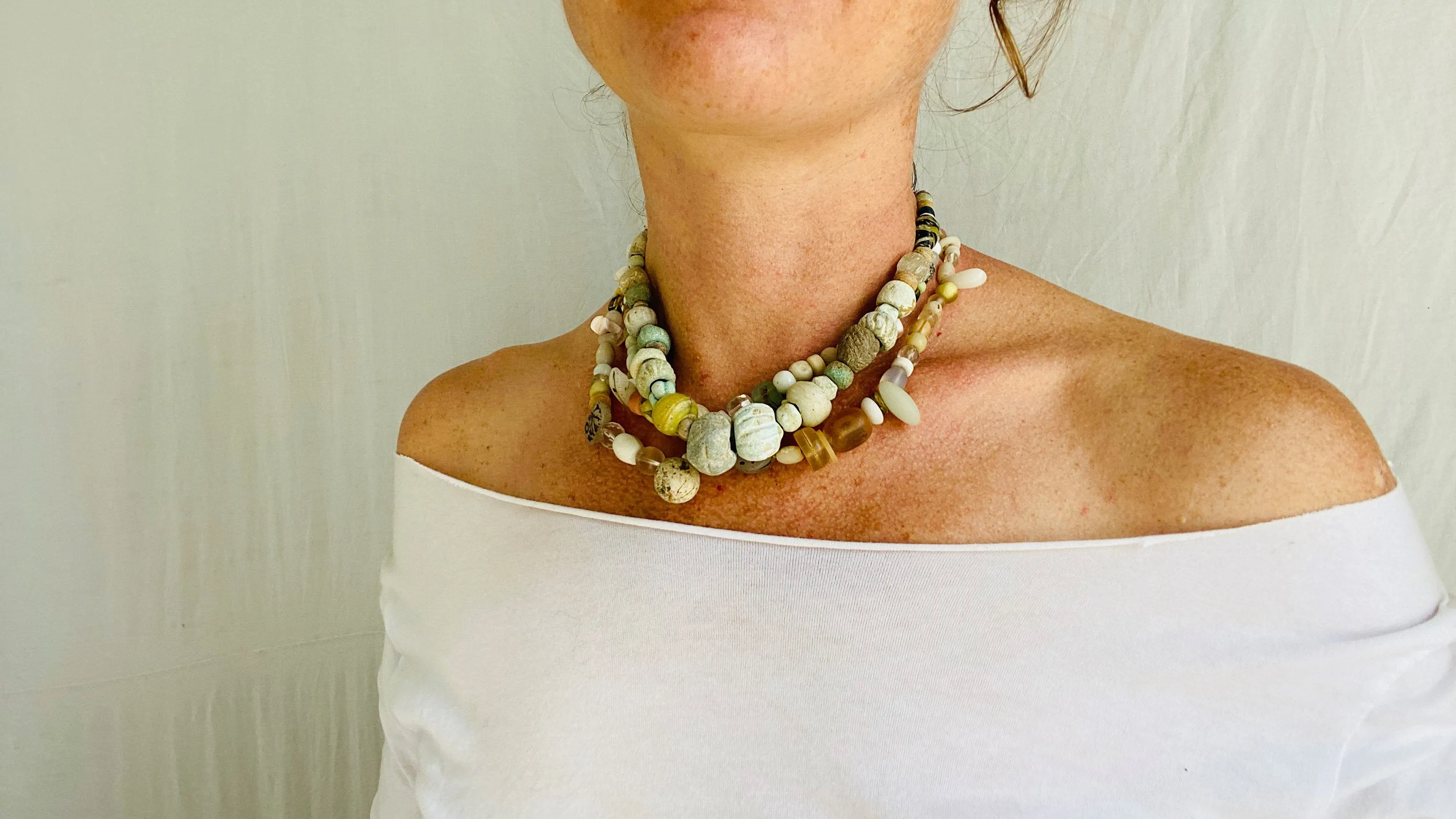 Ancient Stone, Glass and Shell Multi-Strand Necklace.