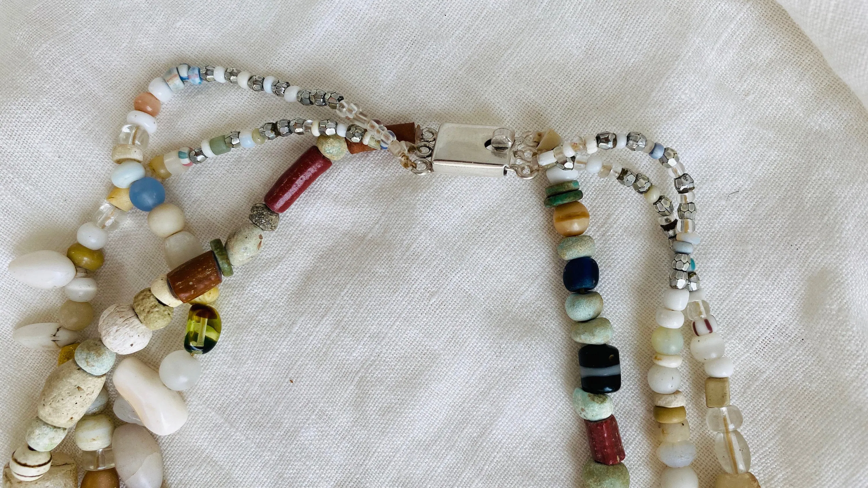 Ancient Stone, Glass and Shell Multi-Strand Necklace.