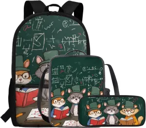 Animal Backpack for Kids Set of 3 17 Inch Preppy Style Boys Bookbag 12-14 Years Old Lightweight Versatile Insulated Lunch Bag for Kids School Essential