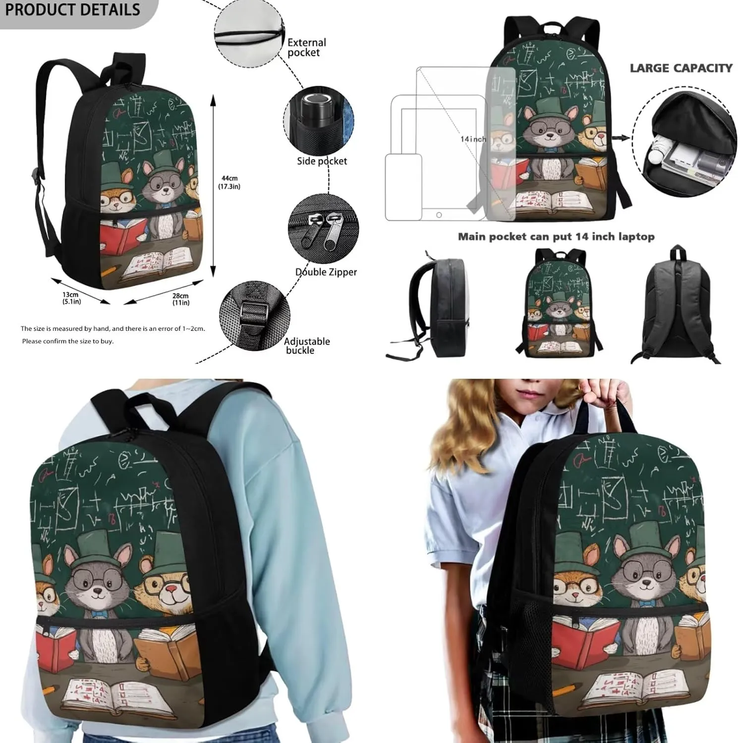 Animal Backpack for Kids Set of 3 17 Inch Preppy Style Boys Bookbag 12-14 Years Old Lightweight Versatile Insulated Lunch Bag for Kids School Essential