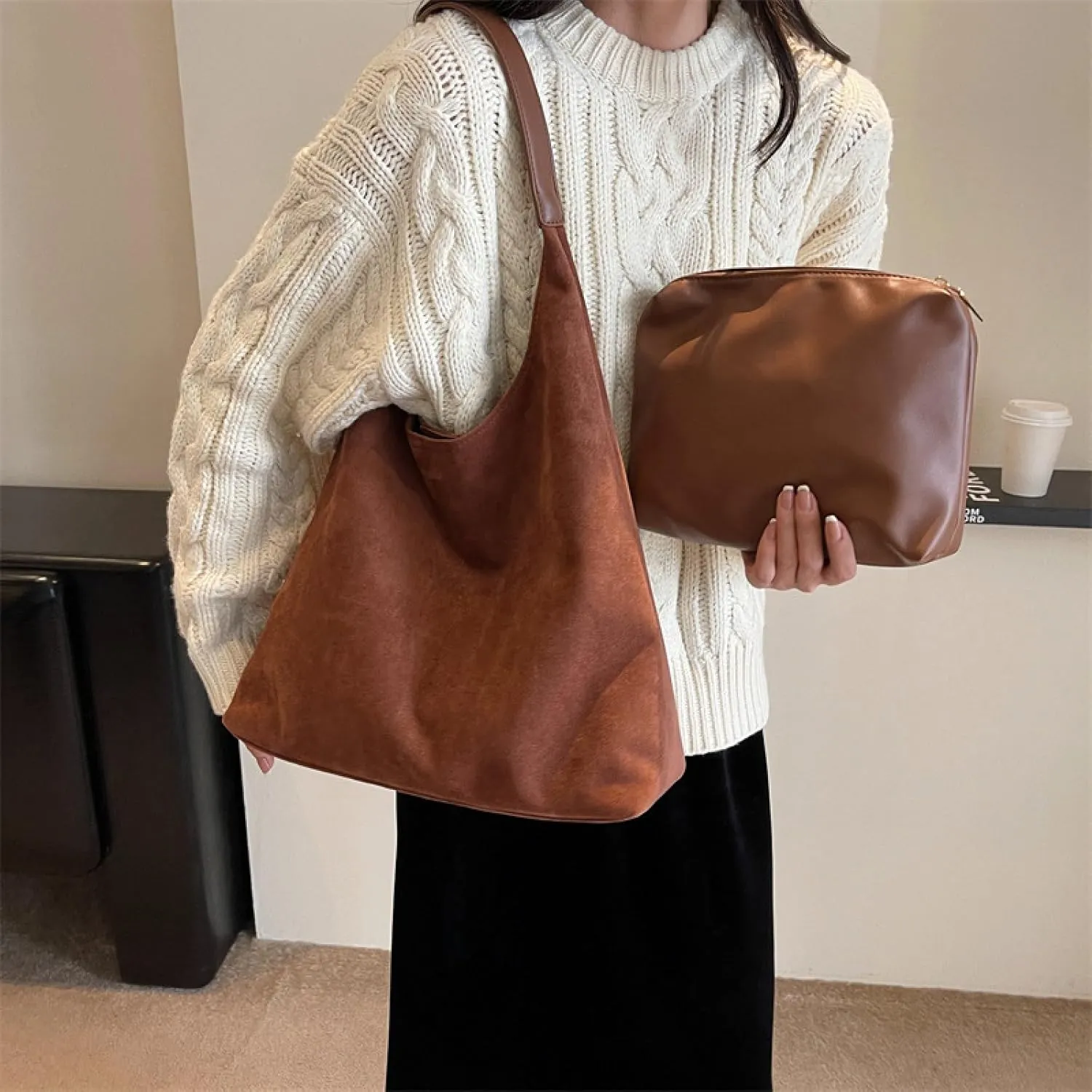 APLUSH Women Retro Shoulder Bag Large Capacity Soft Handbag Tote Bag Fashion Leisure Versatile Shoulder Bag Shopper Bag Travel Work Shopping Hobo Bag,Brown,36 * 13 * 31cm