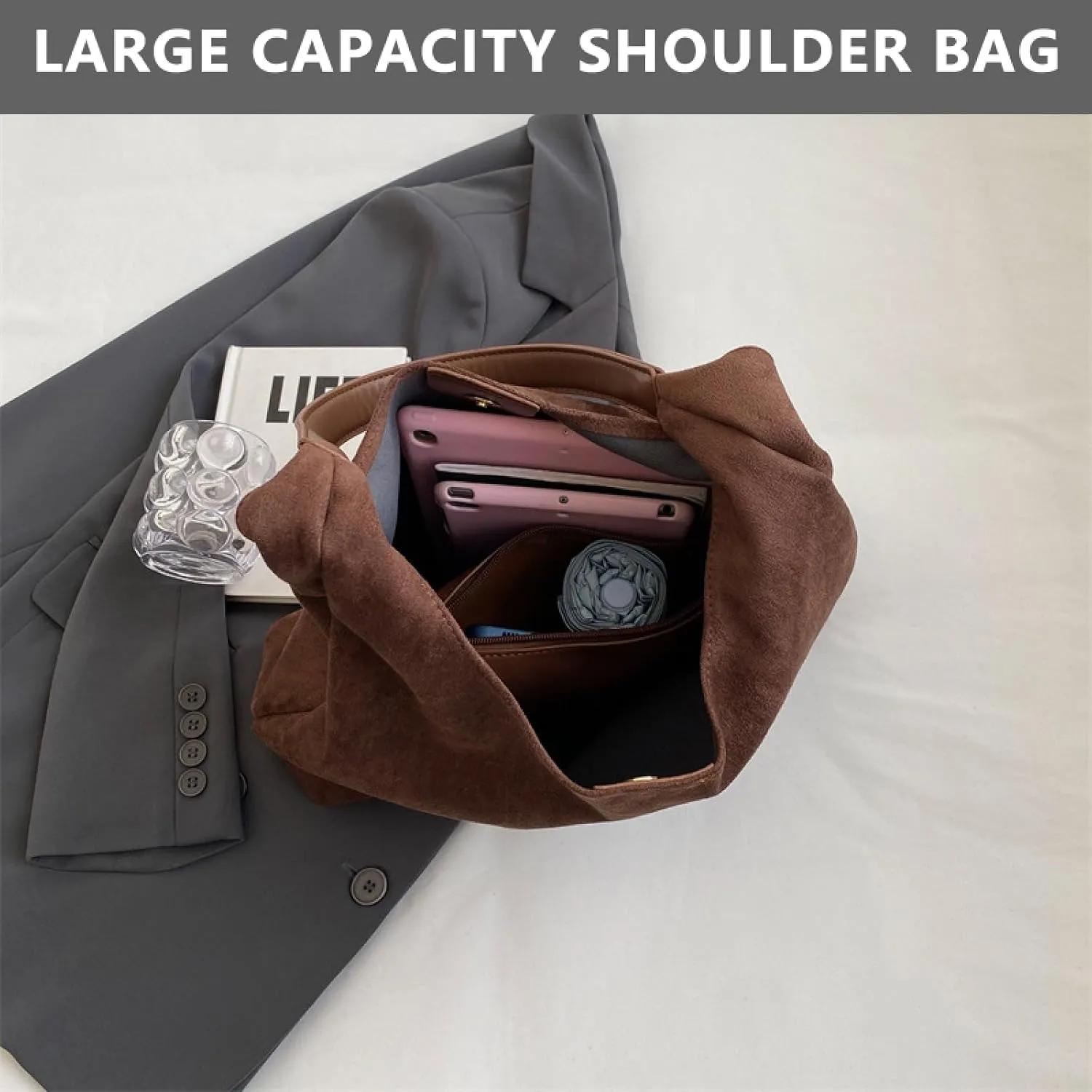 APLUSH Women Retro Shoulder Bag Large Capacity Soft Handbag Tote Bag Fashion Leisure Versatile Shoulder Bag Shopper Bag Travel Work Shopping Hobo Bag,Brown,36 * 13 * 31cm