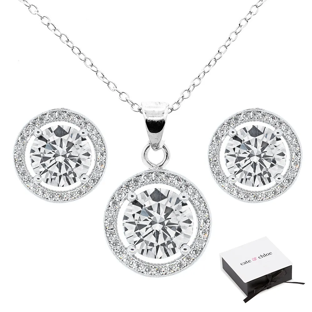 Ariel 18k White Gold Plated CZ Halo Stud Earrings and Necklace Jewelry Set