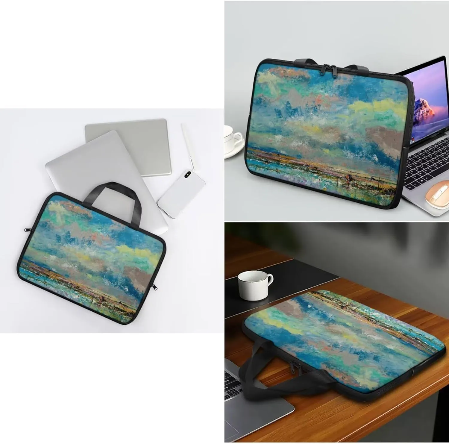 Art Abstract Pablo Picasso-Style Famous Fresh Oil Painting Art Print - Laptop Bag with Round Mouse Pad 2pcs, PU Computer Bags for Men Women Laptop Case with Handle - Office Bag Size 13IN