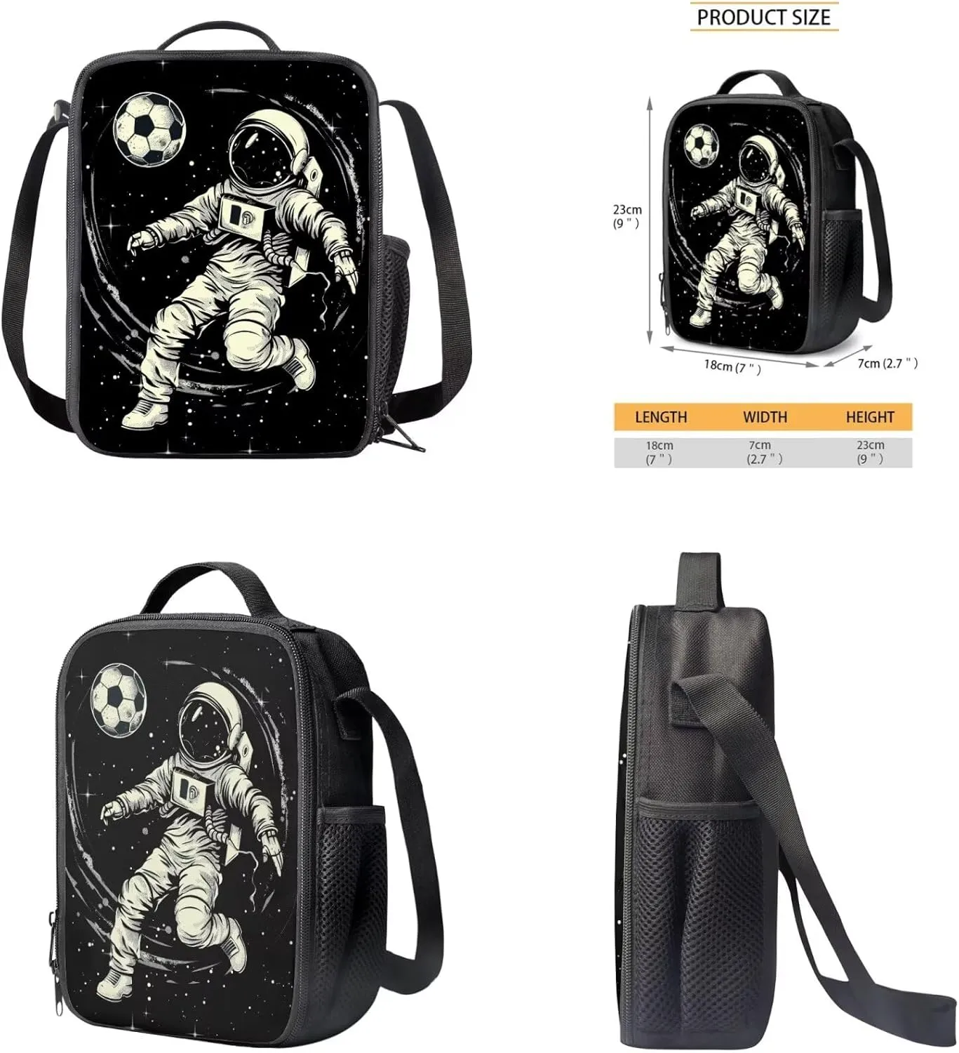 Astronaut Backpack for Kids Set of 3 Portable Versatile Kids Lunch Bag Boys Soccer Lightweight Sports Style School Knapsack Black Pencil Case for Students