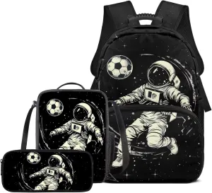 Astronaut Backpack for Kids Set of 3 Portable Versatile Kids Lunch Bag Boys Soccer Lightweight Sports Style School Knapsack Black Pencil Case for Students