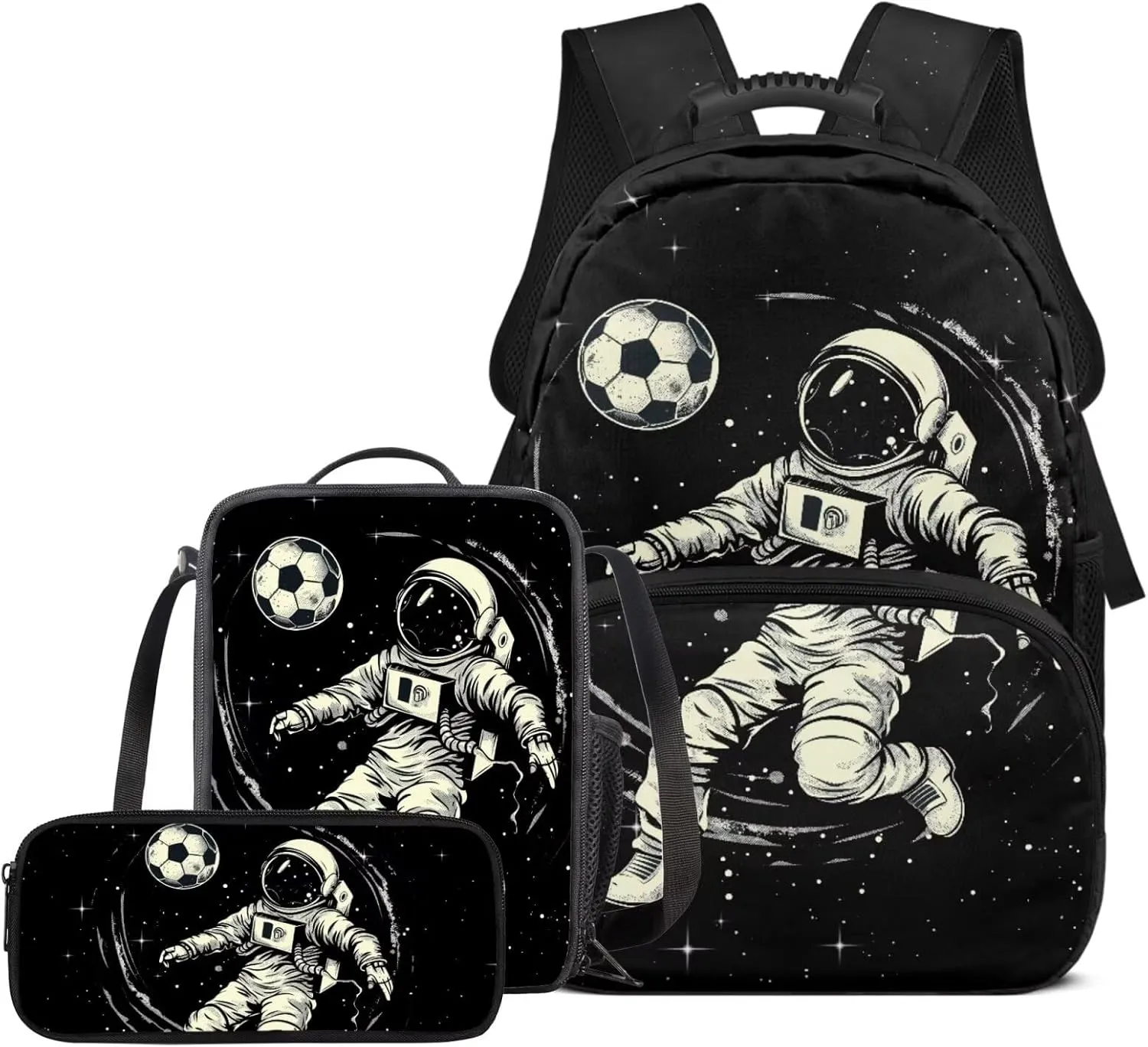 Astronaut Backpack for Kids Set of 3 Portable Versatile Kids Lunch Bag Boys Soccer Lightweight Sports Style School Knapsack Black Pencil Case for Students