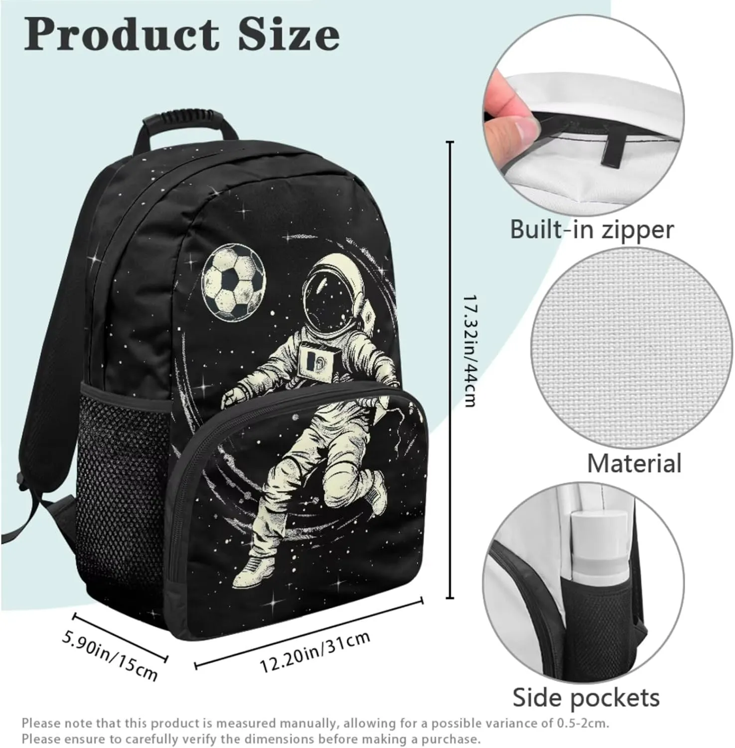 Astronaut Backpack for Kids Set of 3 Portable Versatile Kids Lunch Bag Boys Soccer Lightweight Sports Style School Knapsack Black Pencil Case for Students