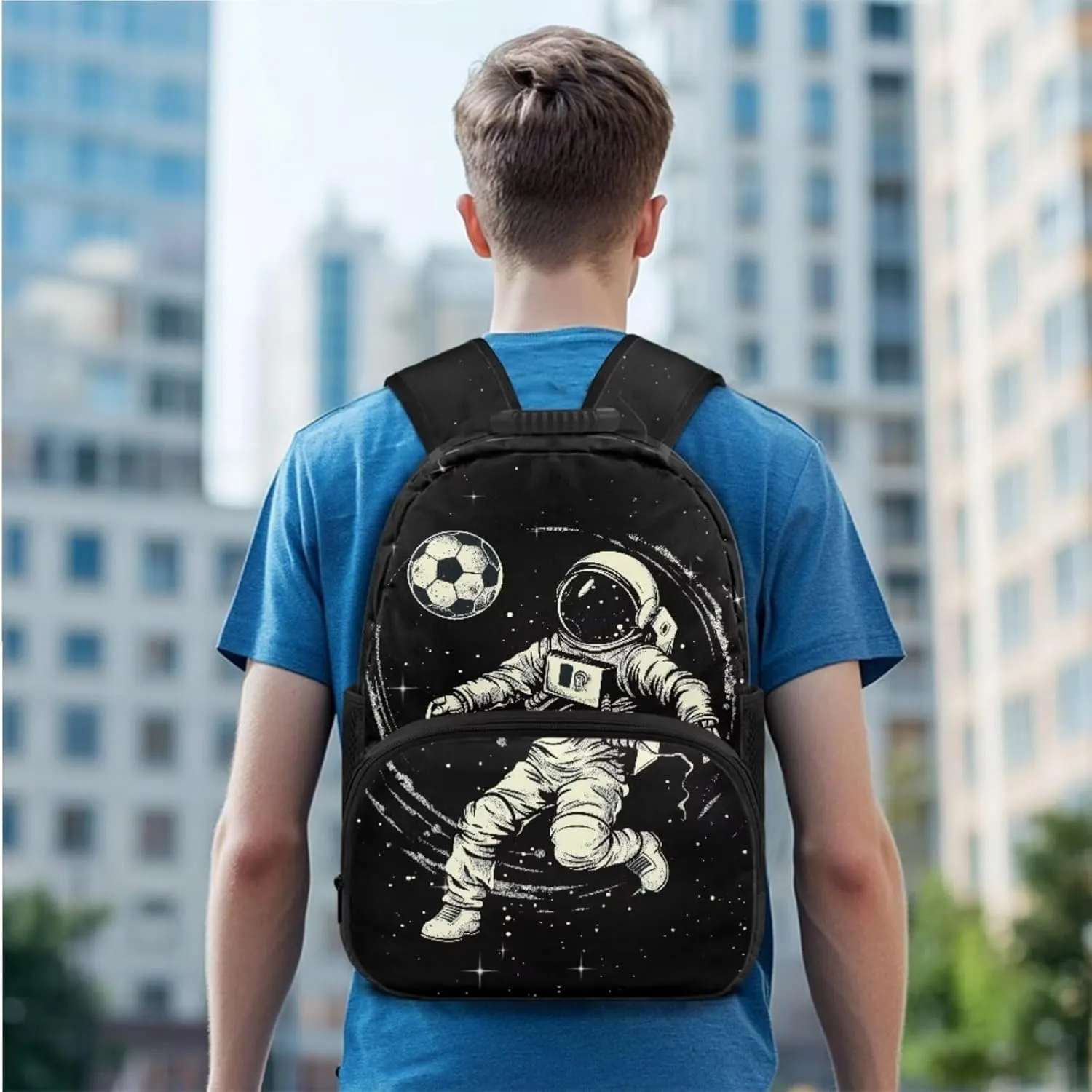 Astronaut Backpack for Kids Set of 3 Portable Versatile Kids Lunch Bag Boys Soccer Lightweight Sports Style School Knapsack Black Pencil Case for Students
