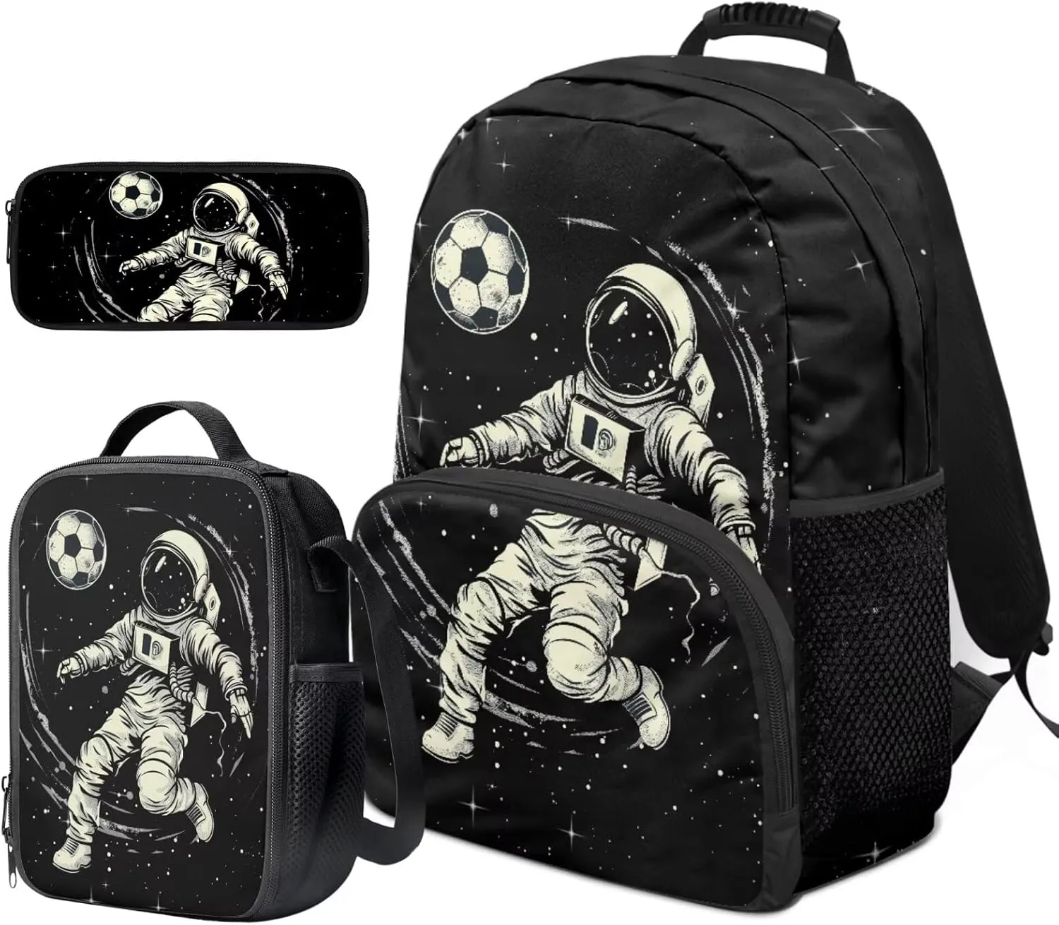 Astronaut Backpack for Kids Set of 3 Portable Versatile Kids Lunch Bag Boys Soccer Lightweight Sports Style School Knapsack Black Pencil Case for Students