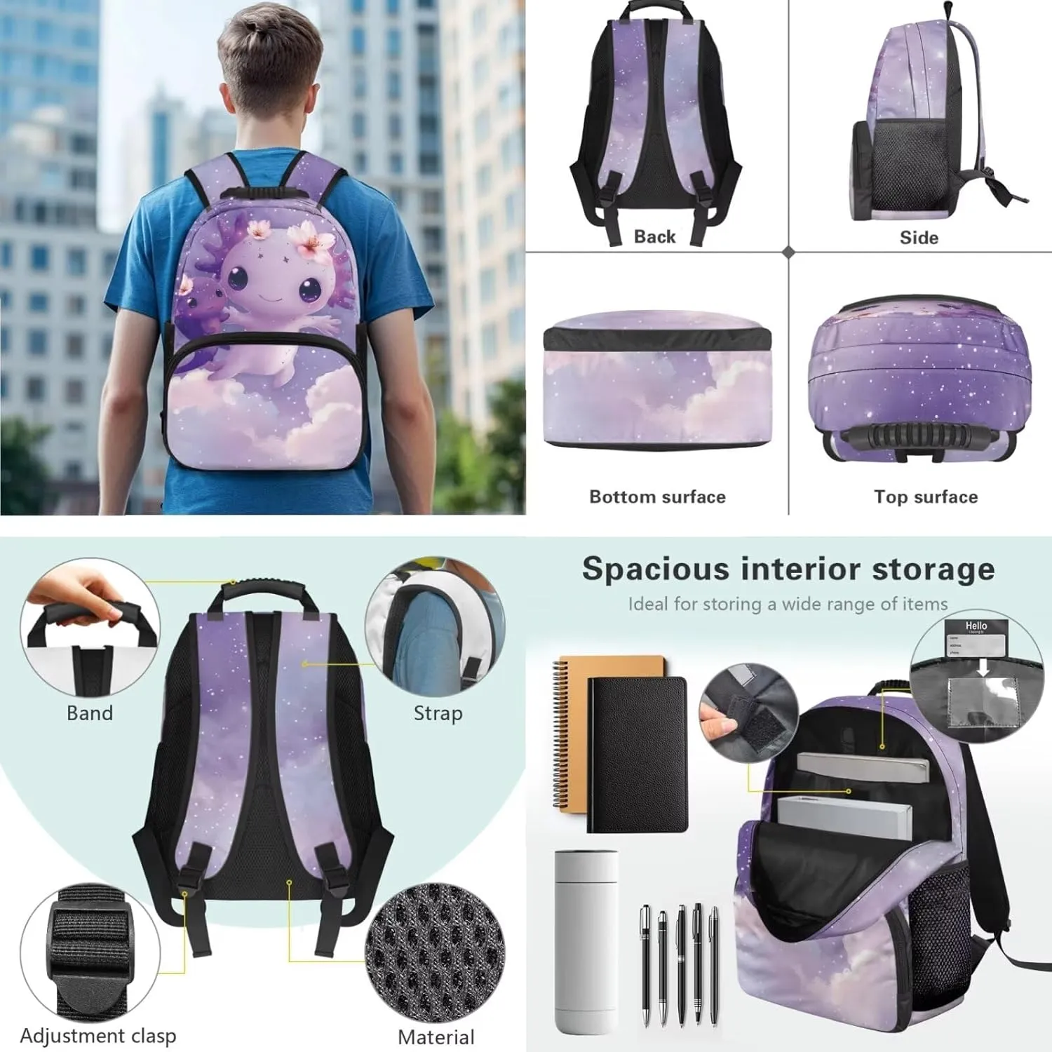 Axolotl Backpack for Little Girls Cartoon Style Bookbag for Girls 10-12 School Cute 3 Pcs Versatile Pencil Case with Slots for Elementary School Ideal for Daily Use