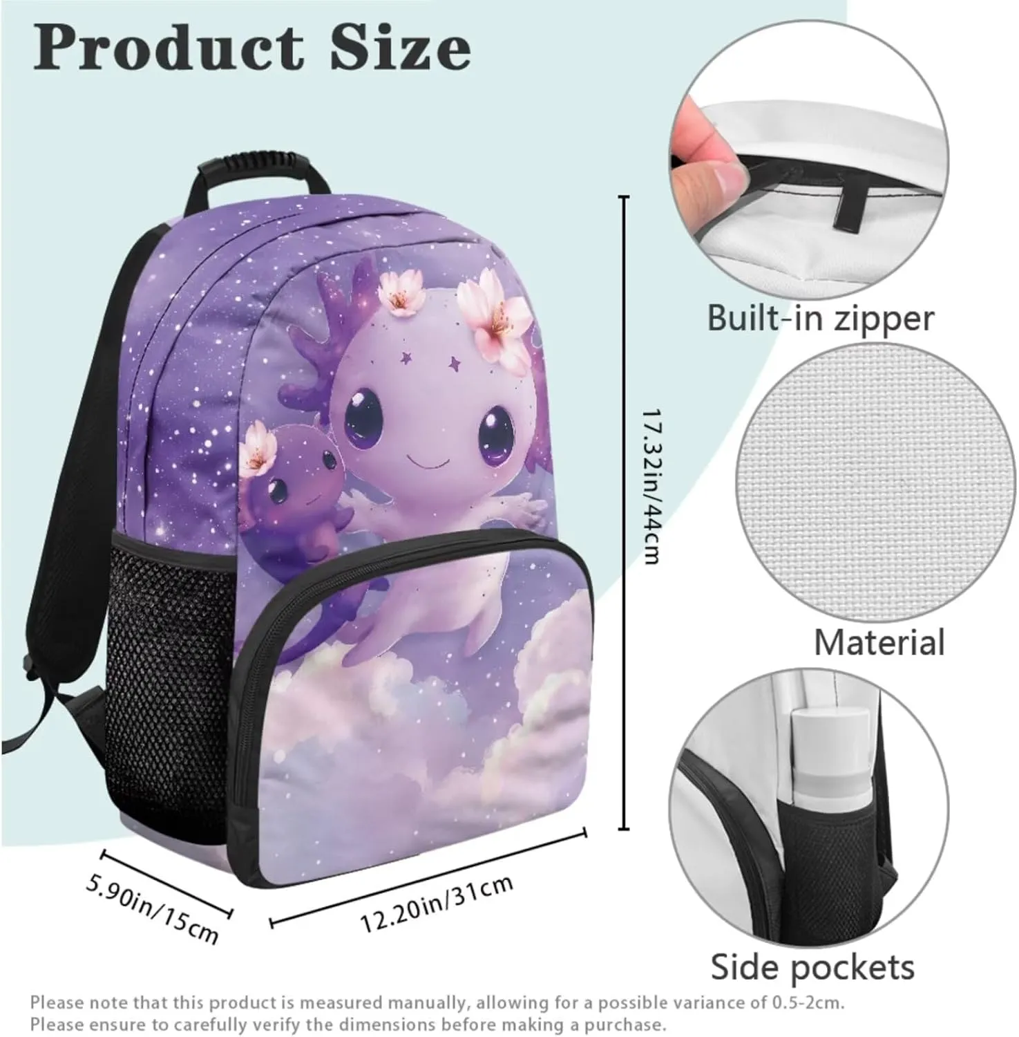 Axolotl Backpack for Little Girls Cartoon Style Bookbag for Girls 10-12 School Cute 3 Pcs Versatile Pencil Case with Slots for Elementary School Ideal for Daily Use