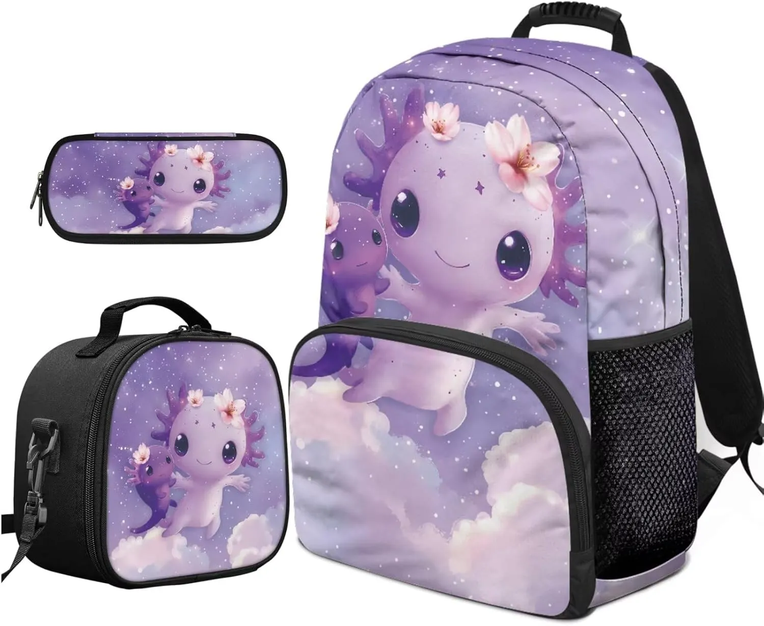 Axolotl Backpack for Little Girls Cartoon Style Bookbag for Girls 10-12 School Cute 3 Pcs Versatile Pencil Case with Slots for Elementary School Ideal for Daily Use