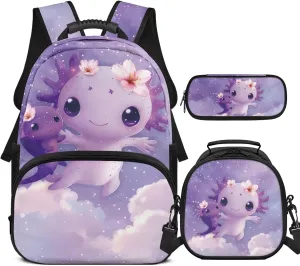 Axolotl Backpack for Little Girls Cartoon Style Bookbag for Girls 10-12 School Cute 3 Pcs Versatile Pencil Case with Slots for Elementary School Ideal for Daily Use