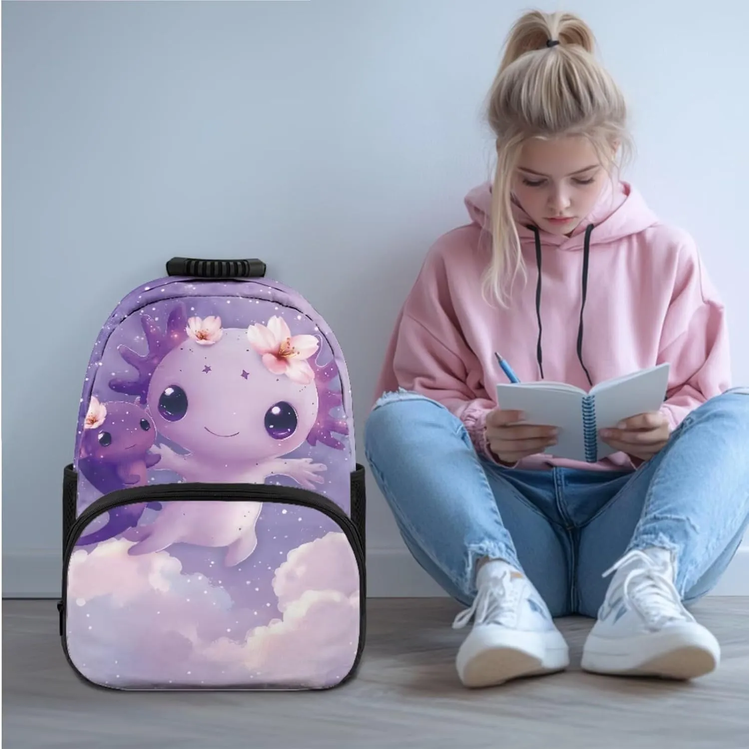 Axolotl Backpack for Little Girls Cartoon Style Bookbag for Girls 10-12 School Cute 3 Pcs Versatile Pencil Case with Slots for Elementary School Ideal for Daily Use