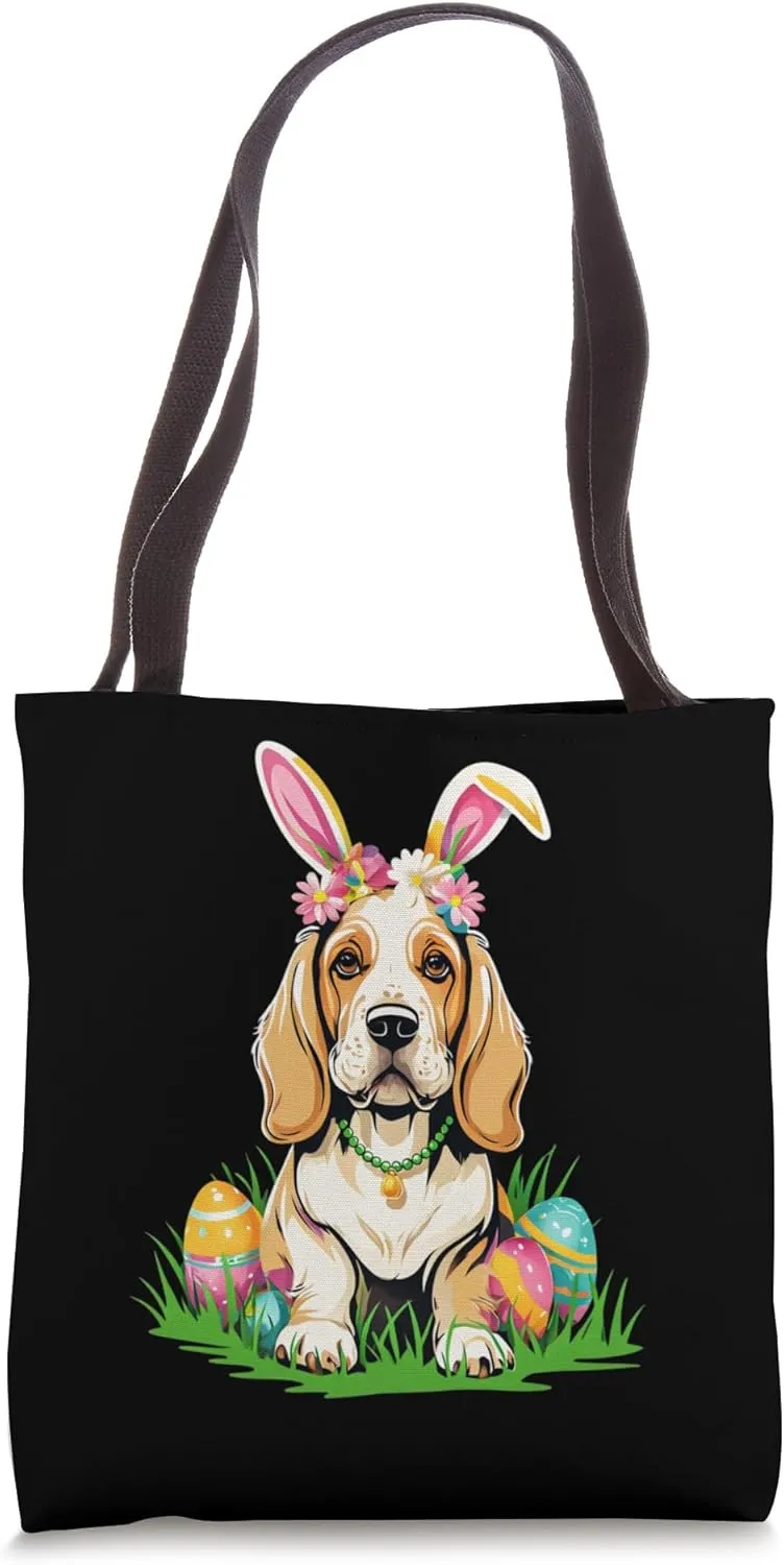 Basset Hound Dog with Bunny Ears Easter Eggs Festive Gift Tote Bag
