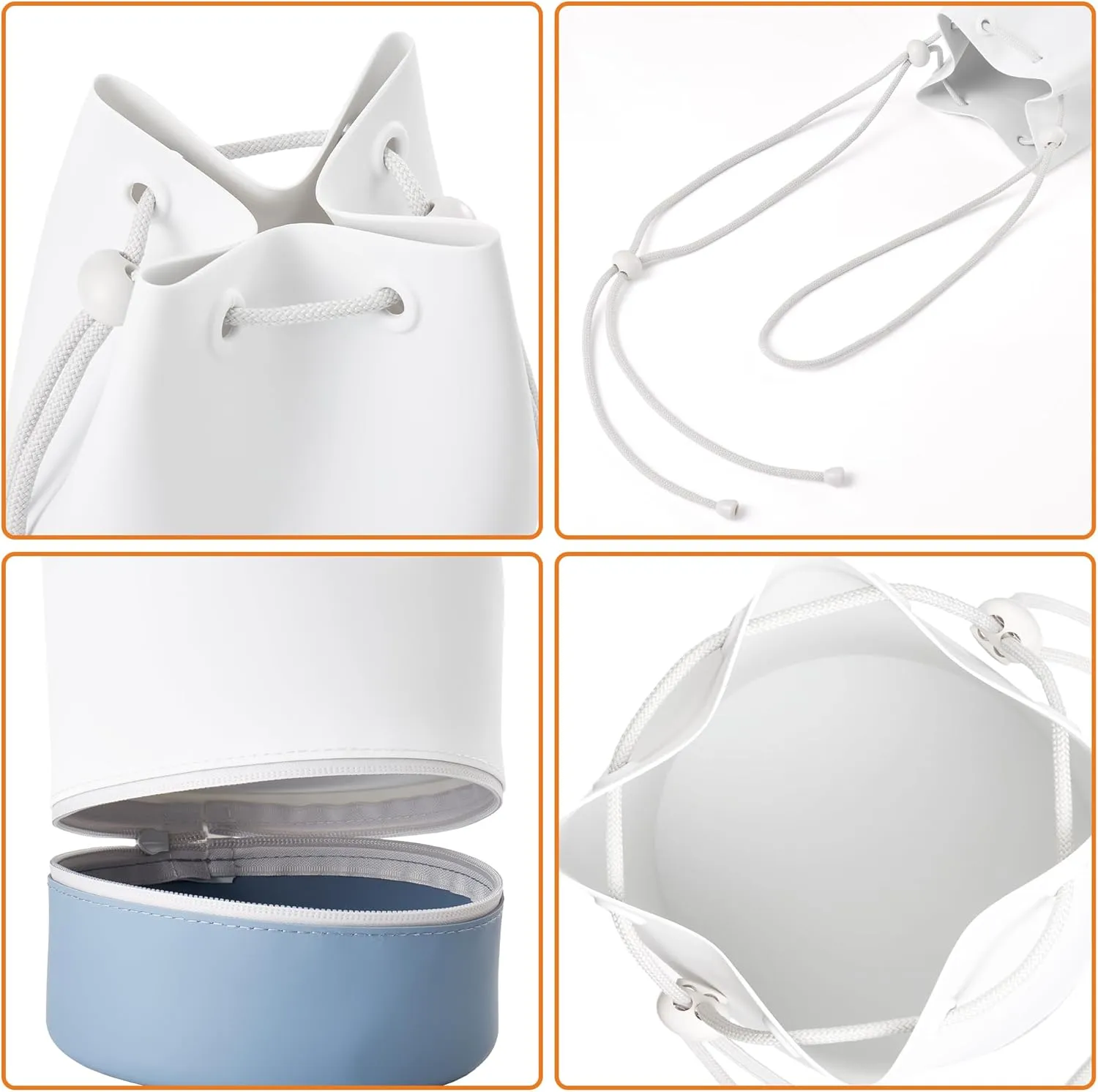 Beach Bag, Silicone Bucket Bag - Water Resistant, Sand Proof, Easy to Care, Two Compartments for Wet and Dry, Versatile Tote Bag for Gym, Pool, Outing(Greyish-White)