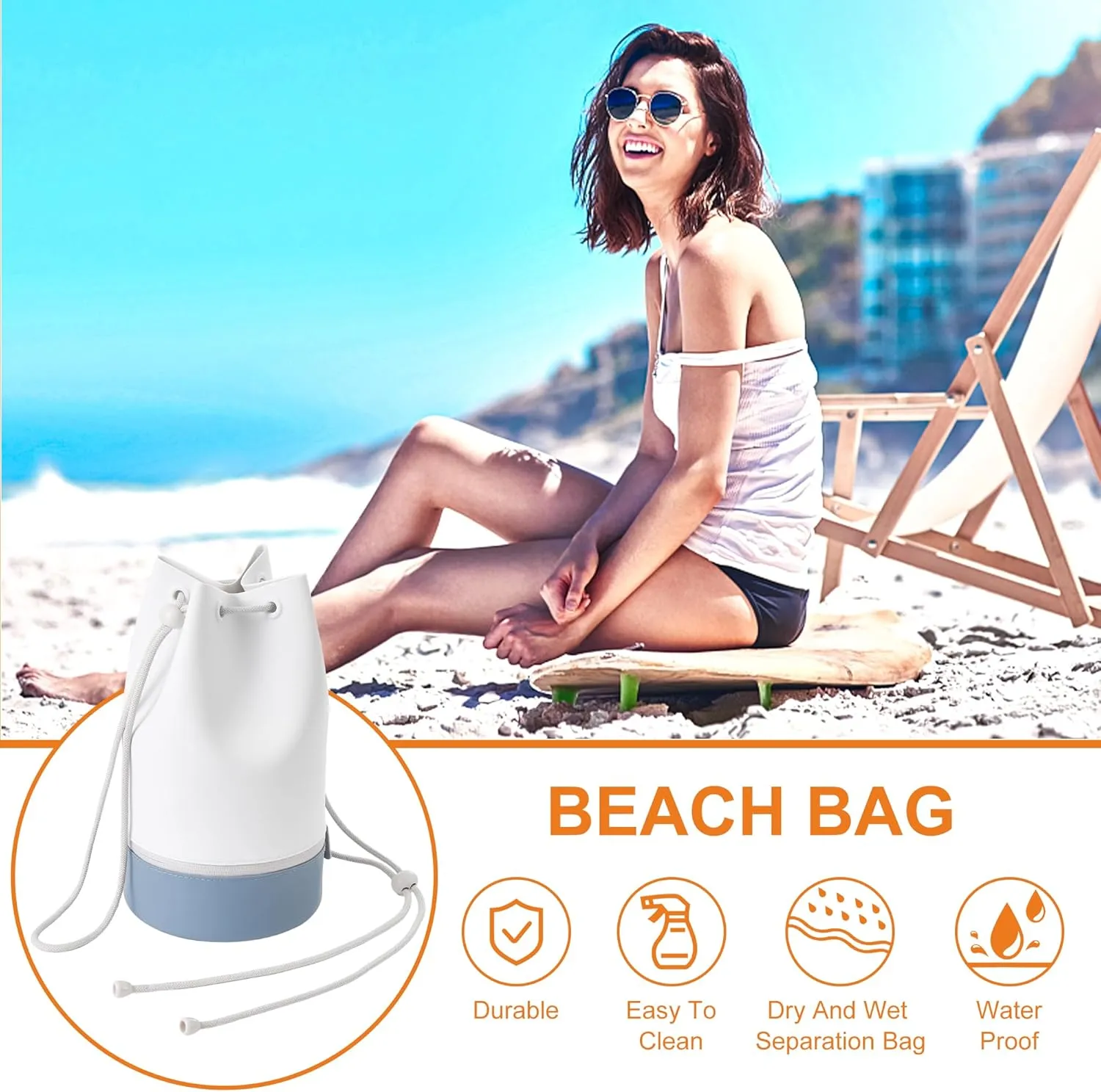 Beach Bag, Silicone Bucket Bag - Water Resistant, Sand Proof, Easy to Care, Two Compartments for Wet and Dry, Versatile Tote Bag for Gym, Pool, Outing(Greyish-White)
