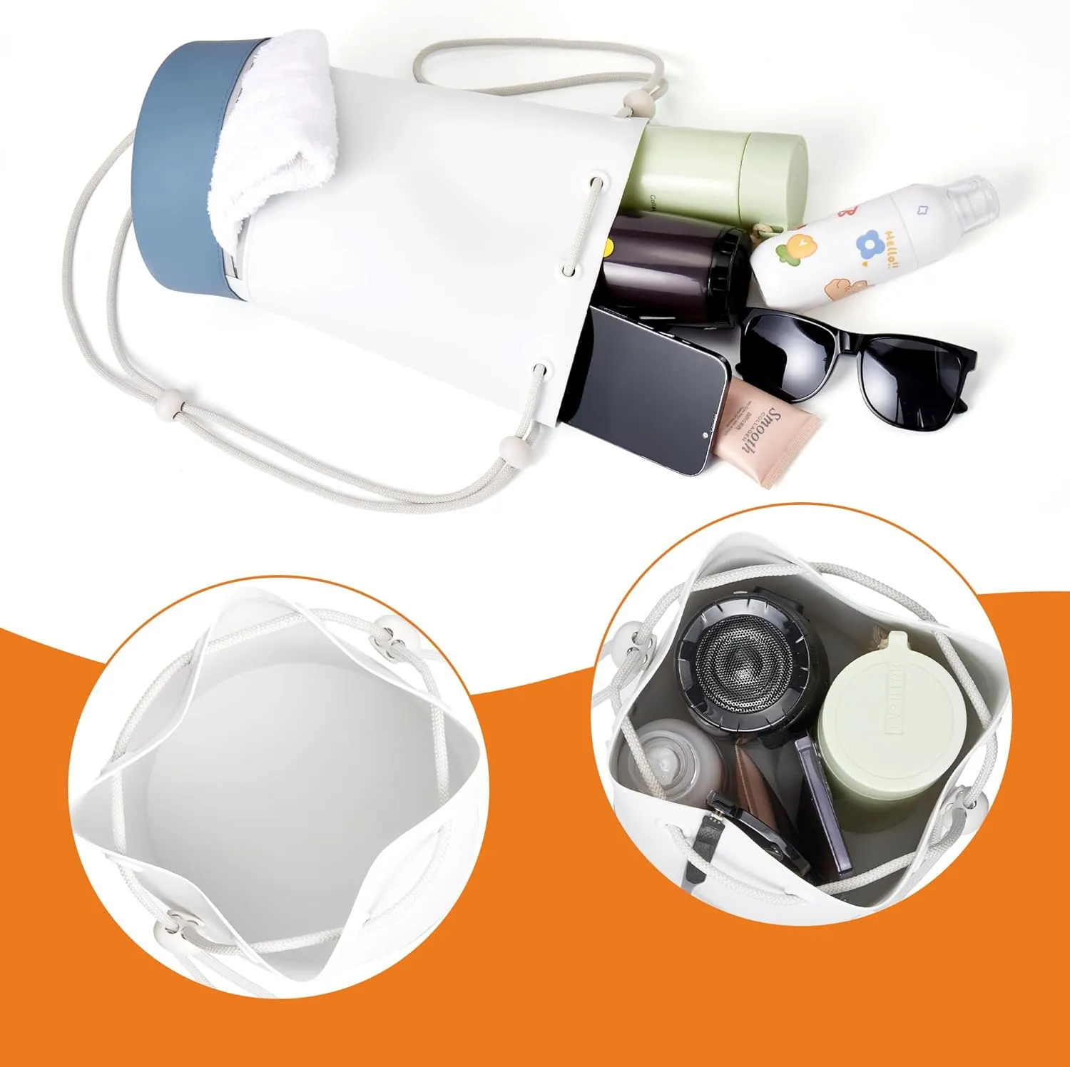 Beach Bag, Silicone Bucket Bag - Water Resistant, Sand Proof, Easy to Care, Two Compartments for Wet and Dry, Versatile Tote Bag for Gym, Pool, Outing(Greyish-White)