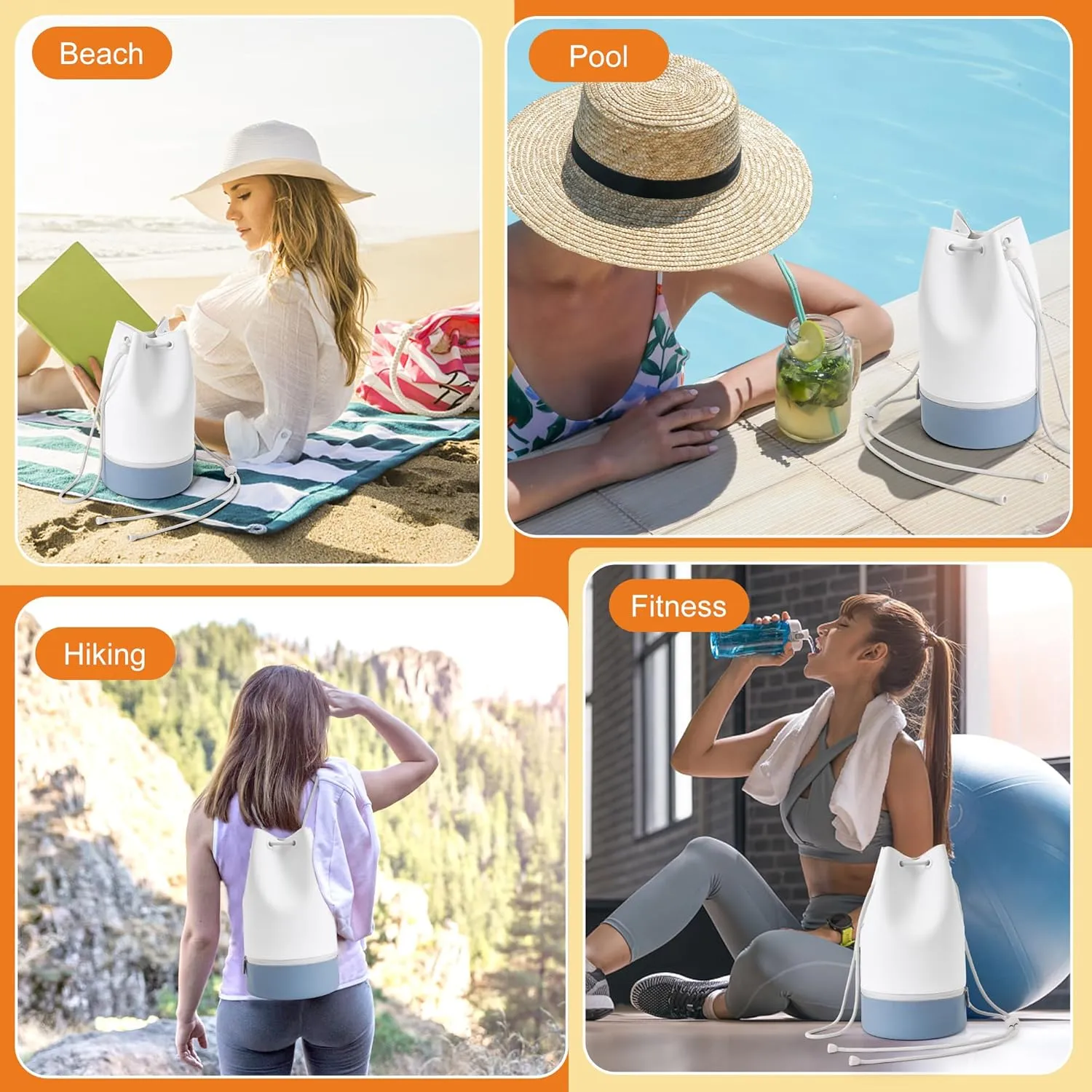 Beach Bag, Silicone Bucket Bag - Water Resistant, Sand Proof, Easy to Care, Two Compartments for Wet and Dry, Versatile Tote Bag for Gym, Pool, Outing(Greyish-White)