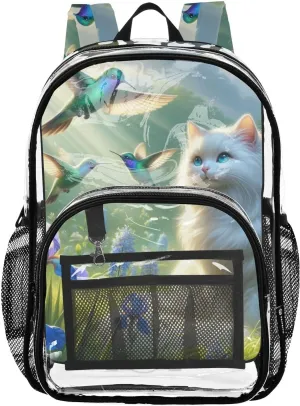 Birds and Cheerful Cat Clear Plastic Backpack - Transparent PVC Heavy Duty Bag with Large Main Pocket and Mesh Pockets - Ideal for School, Travel, Outings - Clear Backpack for Everyday Use