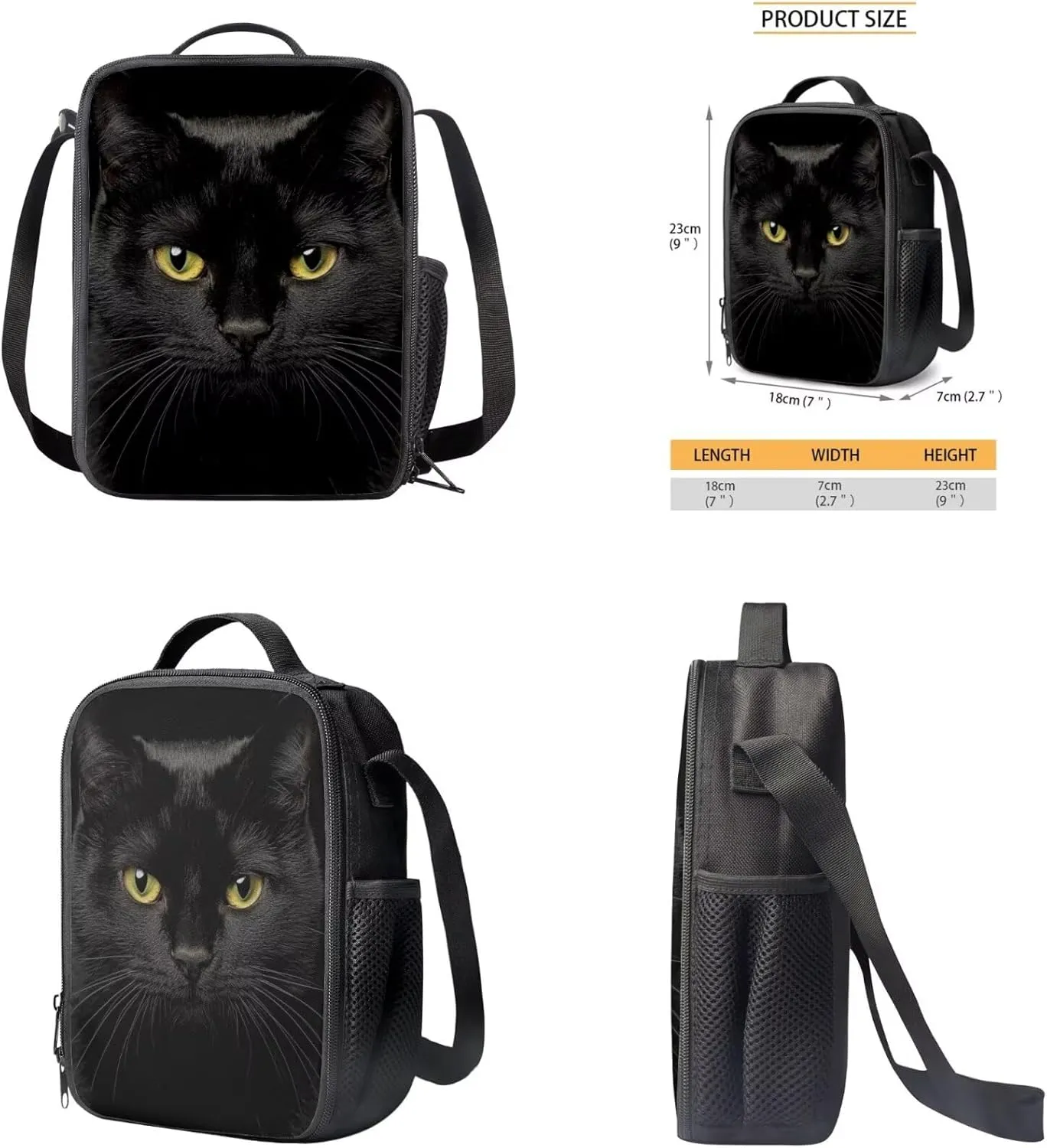 Black Cat Backpack Purse Cool Animal Kids Bookbag and Lunch Box Set 3 in 1 Lightweight Lunch Bag with Side Pocket Versatile School Knapsack for Traveling