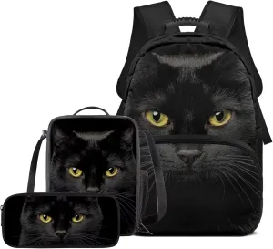 Black Cat Backpack Purse Cool Animal Kids Bookbag and Lunch Box Set 3 in 1 Lightweight Lunch Bag with Side Pocket Versatile School Knapsack for Traveling