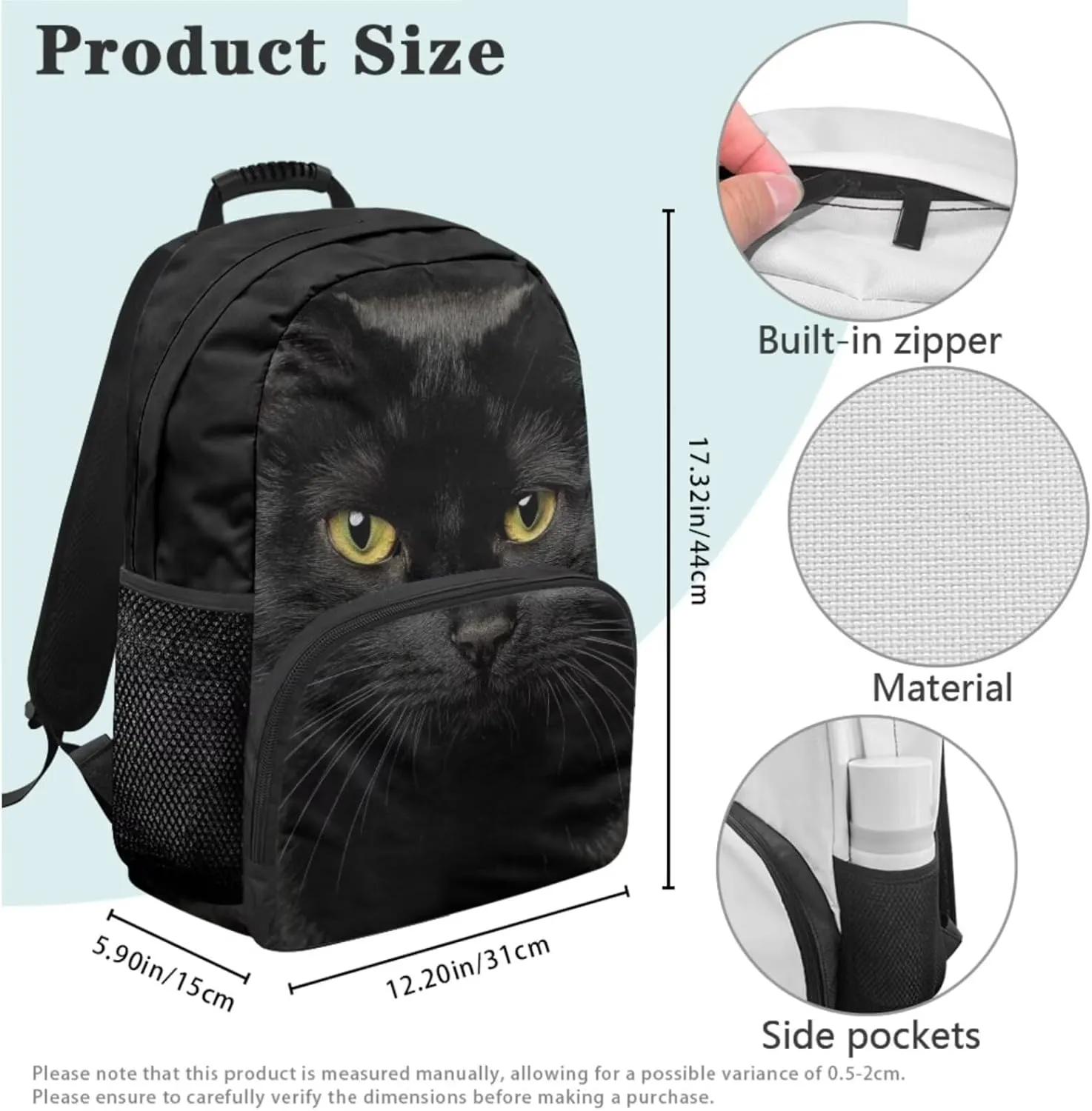Black Cat Backpack Purse Cool Animal Kids Bookbag and Lunch Box Set 3 in 1 Lightweight Lunch Bag with Side Pocket Versatile School Knapsack for Traveling