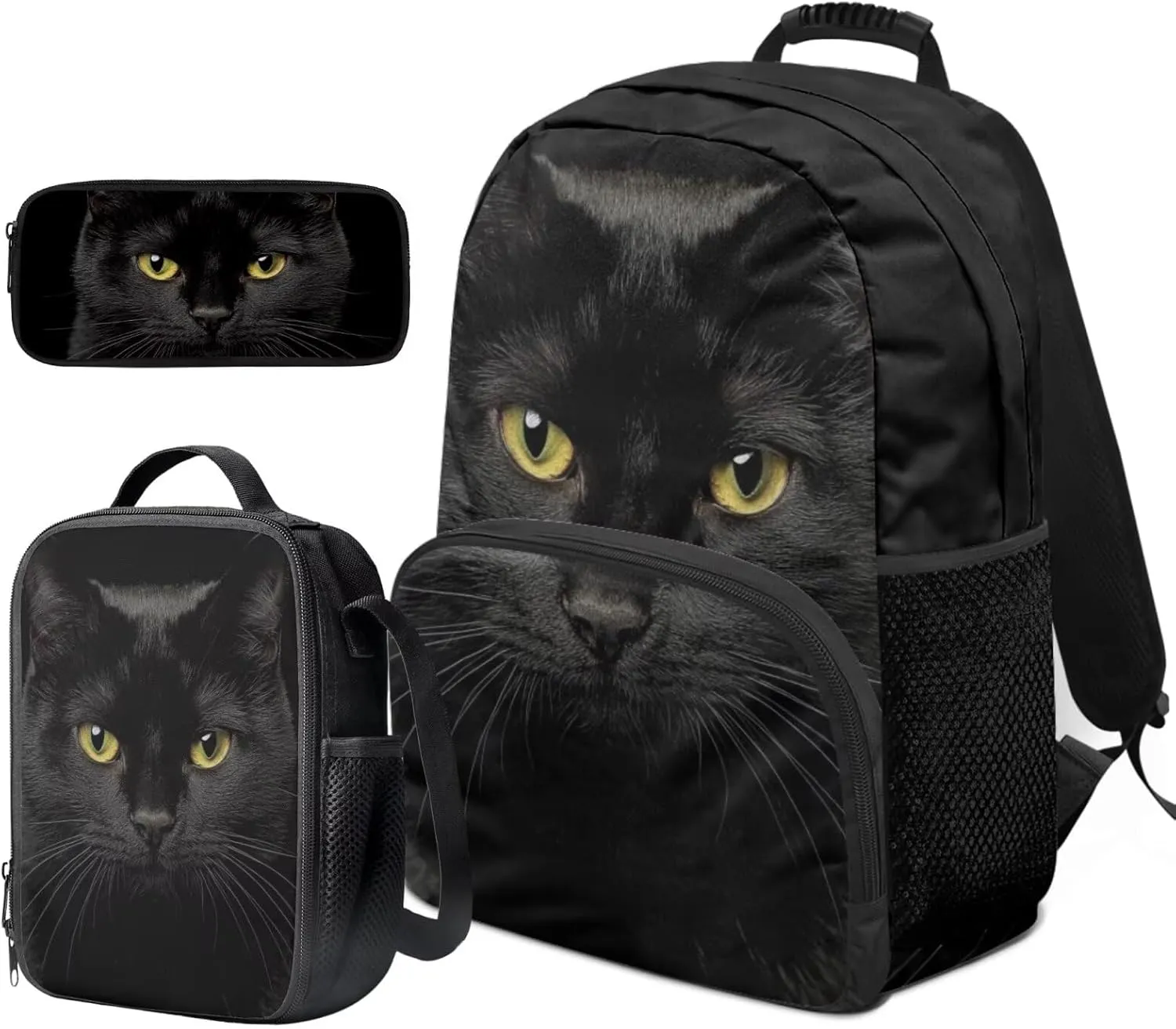 Black Cat Backpack Purse Cool Animal Kids Bookbag and Lunch Box Set 3 in 1 Lightweight Lunch Bag with Side Pocket Versatile School Knapsack for Traveling