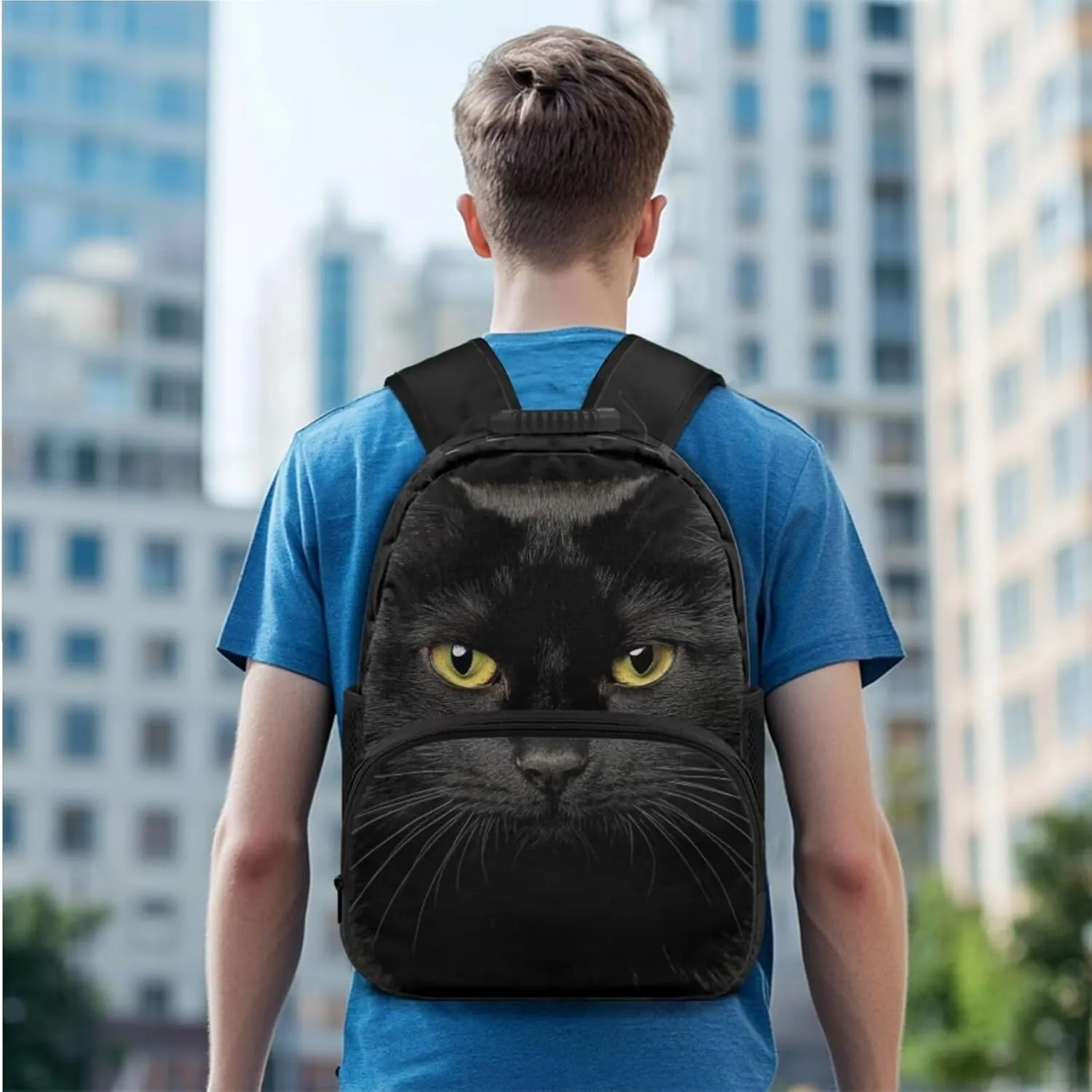 Black Cat Backpack Purse Cool Animal Kids Bookbag and Lunch Box Set 3 in 1 Lightweight Lunch Bag with Side Pocket Versatile School Knapsack for Traveling